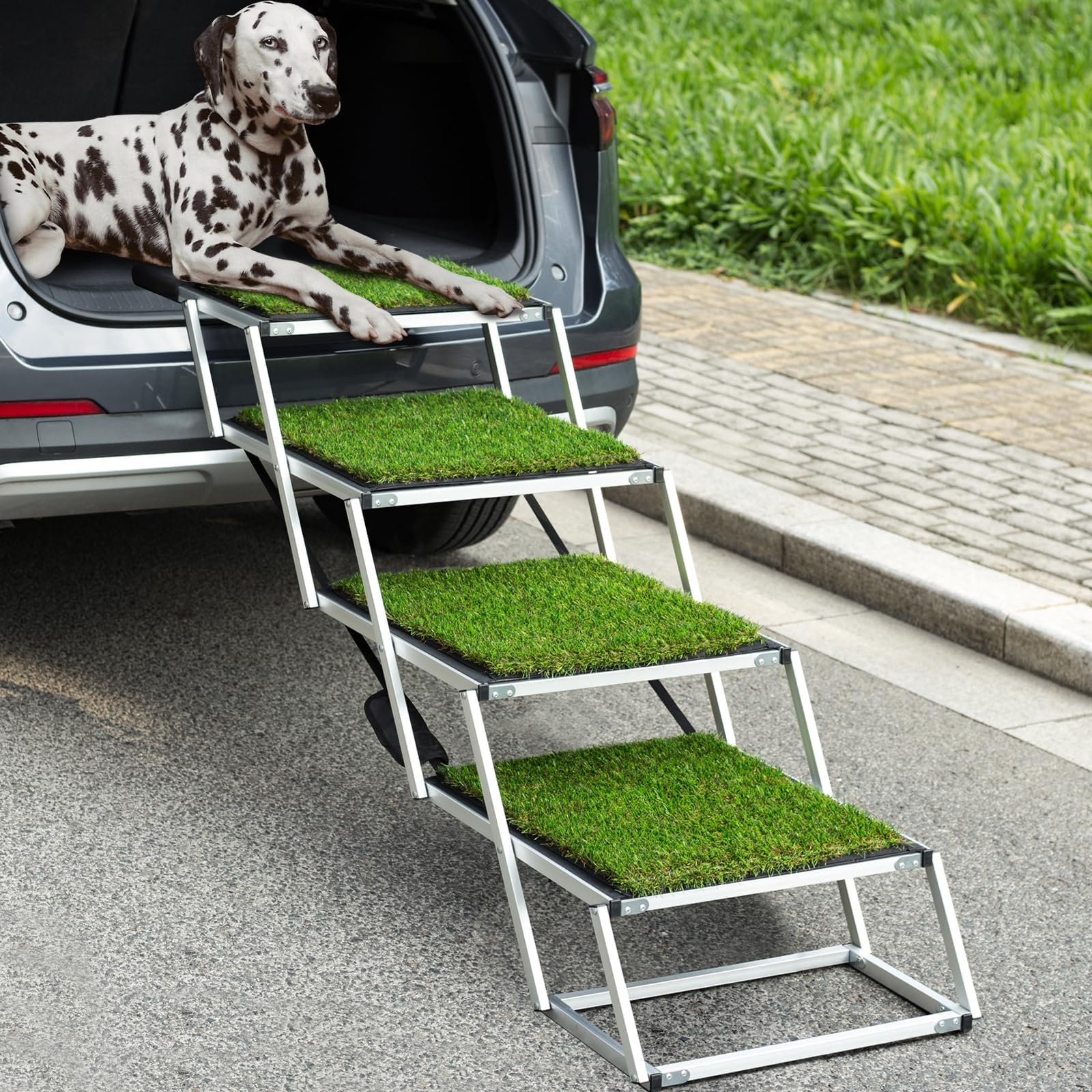 Extra Wide Dog Car Stairs for Large Dogs, Lightweight Aluminum Foldable Pet Ramp with Nonslip Artificial Grass Rug Surface for Cars SUV, High Beds & Trucks, Supports up to 200 lbs,4 Steps