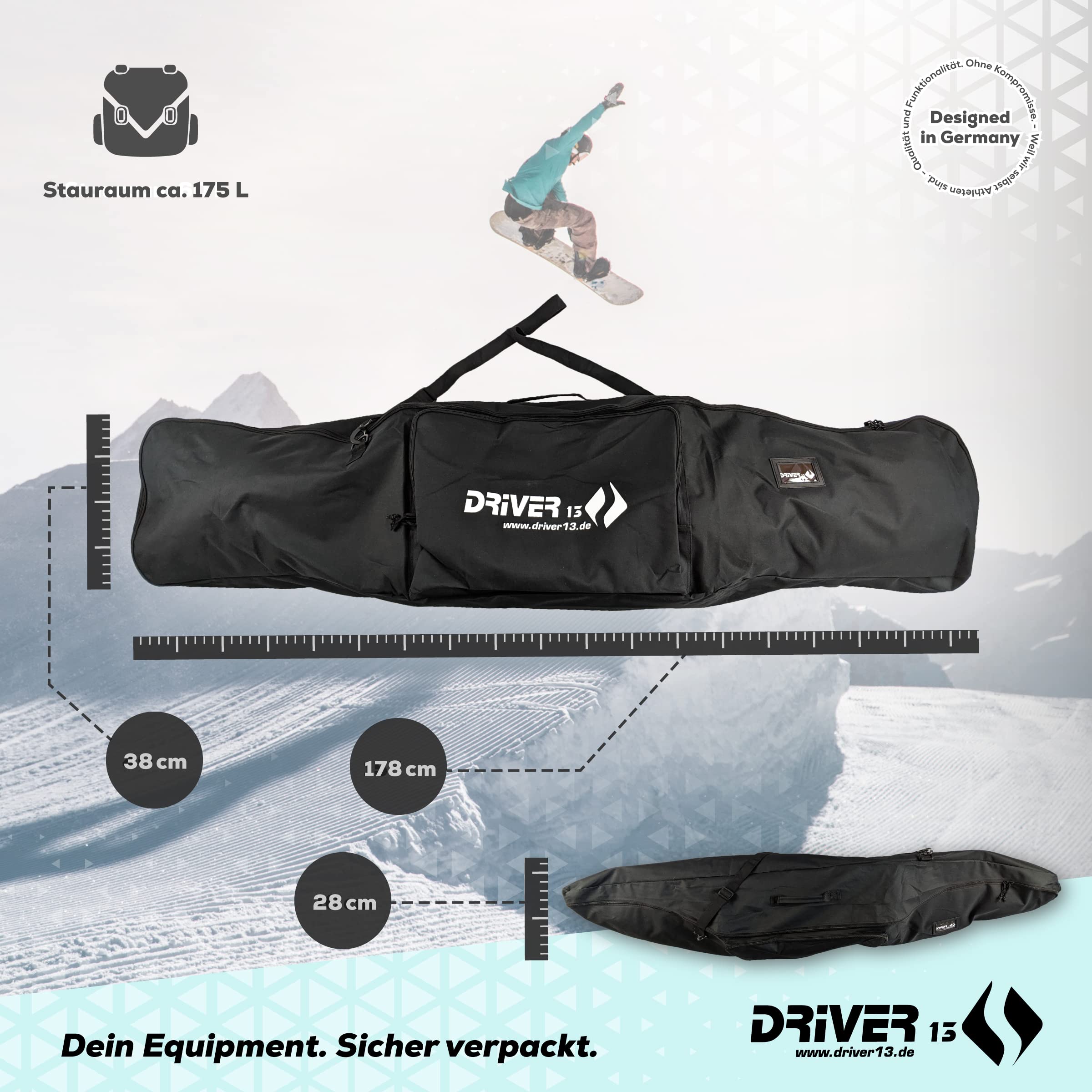 Driver13 Snowboardtasche Snowboardbag 178 cm, Boardbag für Transport und Aufbewahrung, Reißverschluss, schwarz