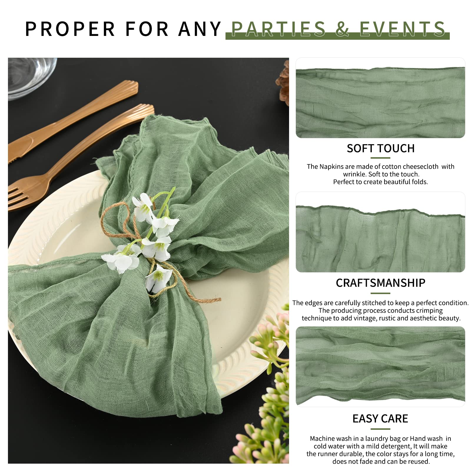 84 Paquetes Servilletas de Gasa Verde Salvia, 50x50 cm, Lavables, Estilo Boho, para Cena, Bodas, Baby Shower, Cumpleaños
