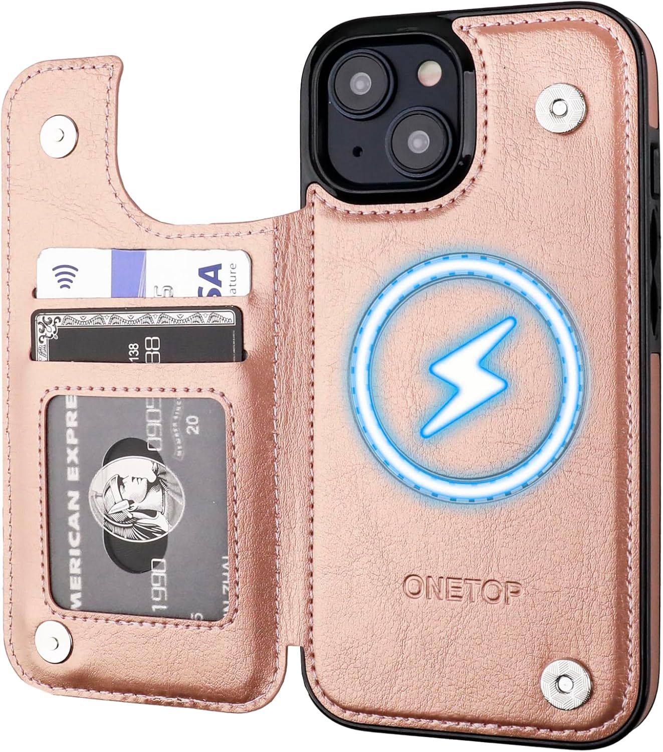 ONETOP Compatible with Magsafe for iPhone 15 Wallet Case with Card Holder, PU Leather Kickstand RFID Blocking Case, Double Magnetic Clasp and Durable Shockproof Cover 6.1 Inch (Rose Gold)