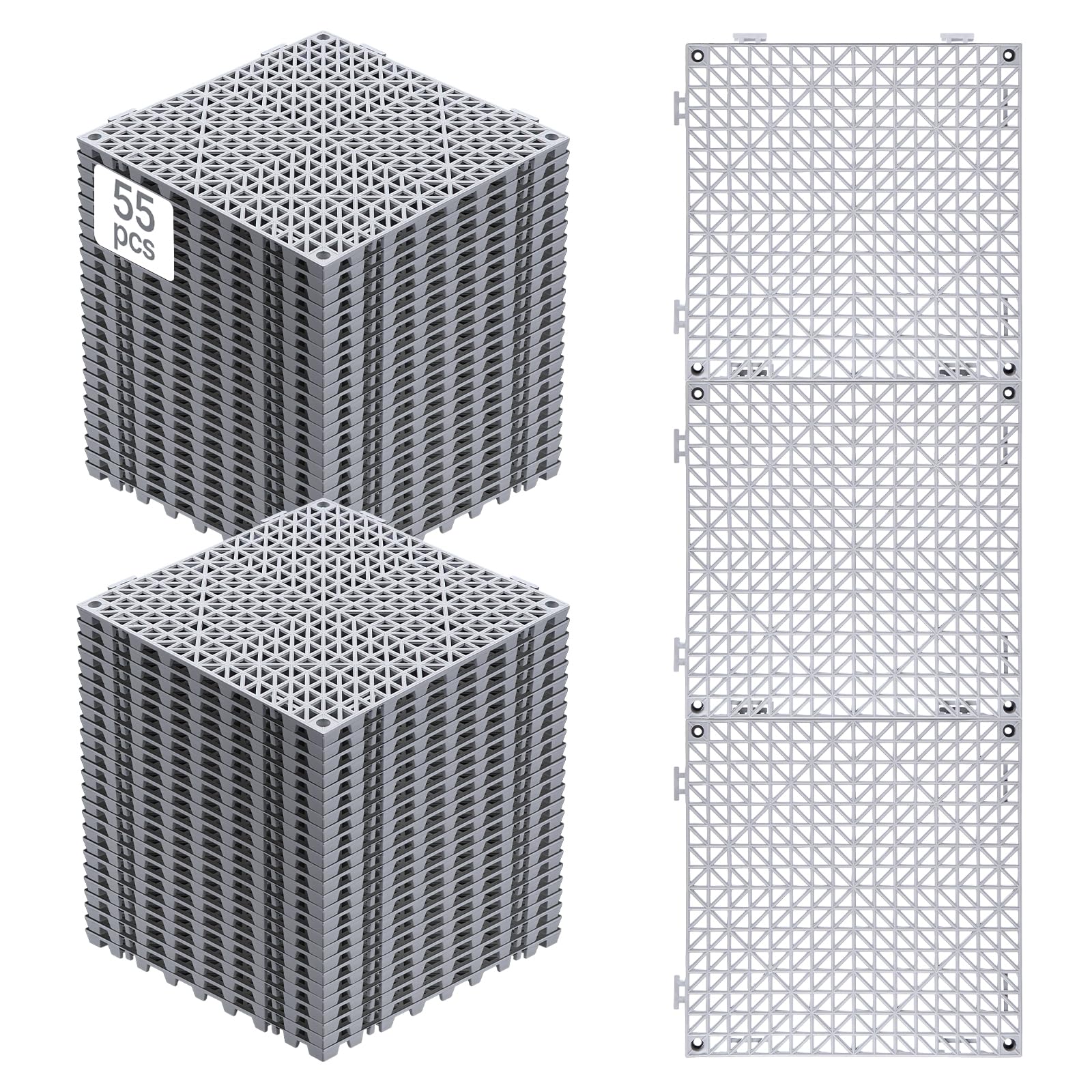 VEVOR Loseta de PVC Losetas Autoventiladas 55 PCS Baldosa de Clip Calada para Suelo 30x30x1,5 cm Baldosa de Jardín de Enclavamiento Drenaje Rápido Interior Exterior para Terraza Cocina Spa Baño, Gris