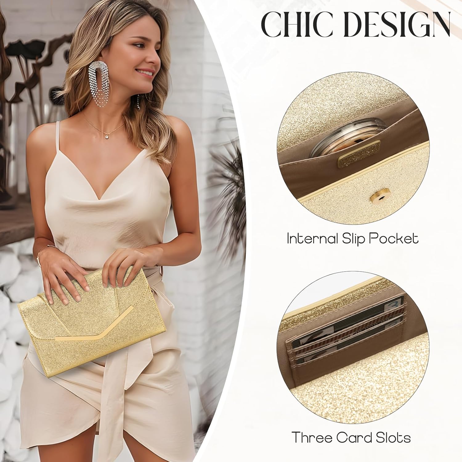 VASCHY Clutch Purse for Women,Fashion Envelope Evening Small Formal Handbag Fold-over Crossbody Shoulder Bag Wedding,Party