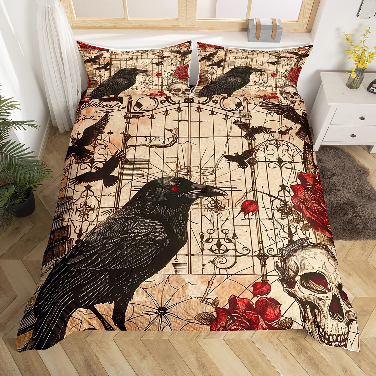 Homemissing Crow Duvet Cover King Size Boys Girls Sugar Skull Bedding Set For Kids Ultra Soft Red Rose Flower Comforter Cover Halloween Theme Beige Black Room Decor Breathable Soft Zipper