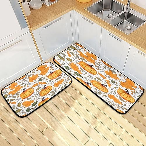 Miniatura 2 de Autumn Pumpkin Kitchen Rugs Set of 2, Maple Leaves Floor Mat Runner Rug Washable Non Slip Washable Standing Mat Home Office Seasonal Decor Rug