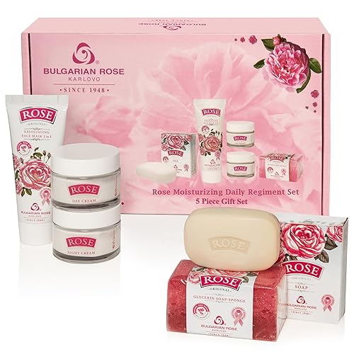 Bulgarian Rose Brightenning Daily Régimen - Juego de 5 piezas de regalo Crema Rose Day, crema de noche Rose Night Cream, máscara facial exfoliante,