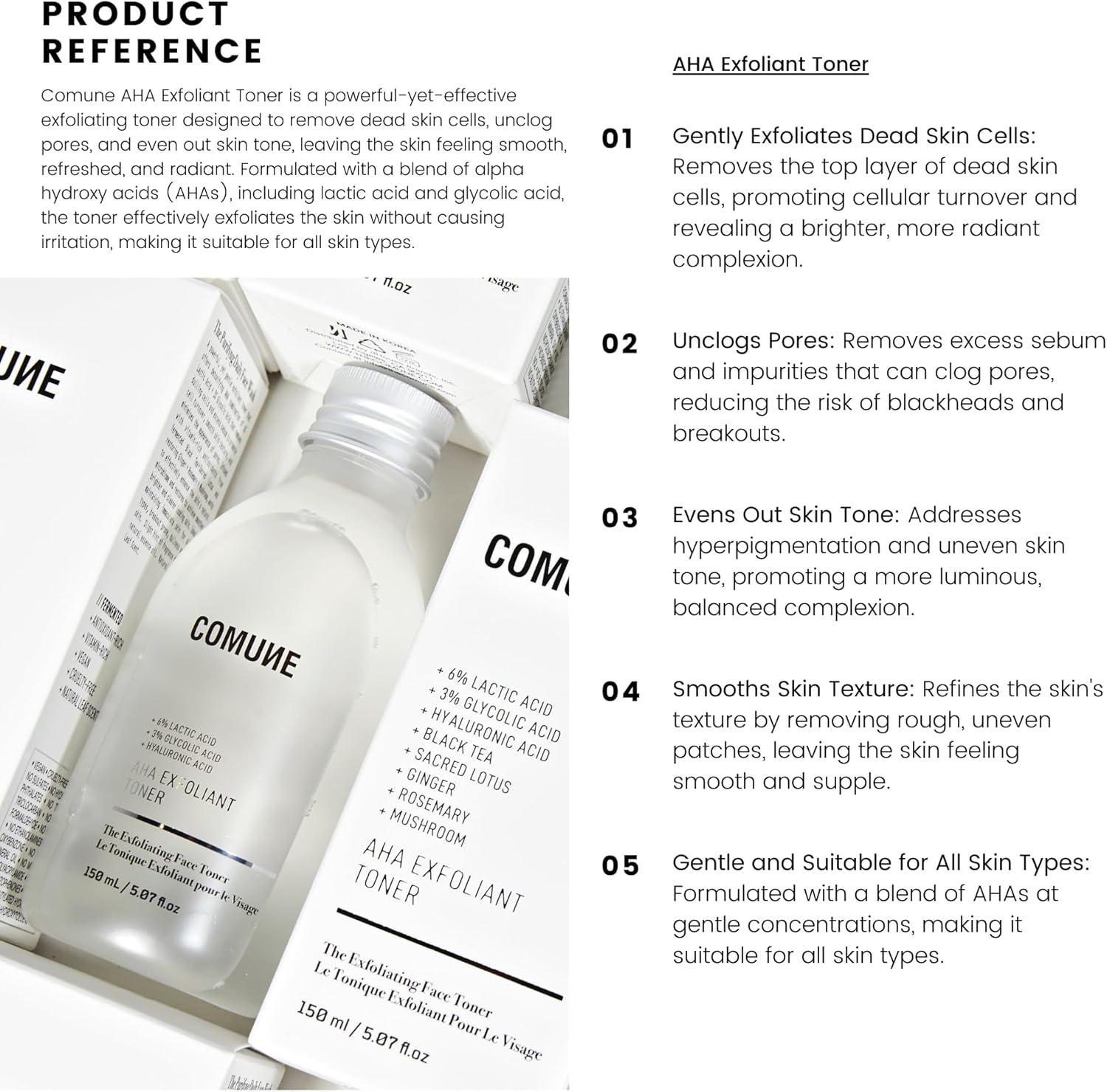 COMUNE AHA Exfoliant Toner - Leave-On Liquid Exfoliant 6% Lactic Acid, 3% Glycolic Acid + Hyaluronic Acid | Gently Exfoliates Dead Cells, Unclogs Pores & Smooths While Hydrating | 150 mL / 5.07 fl.oz - Image 6