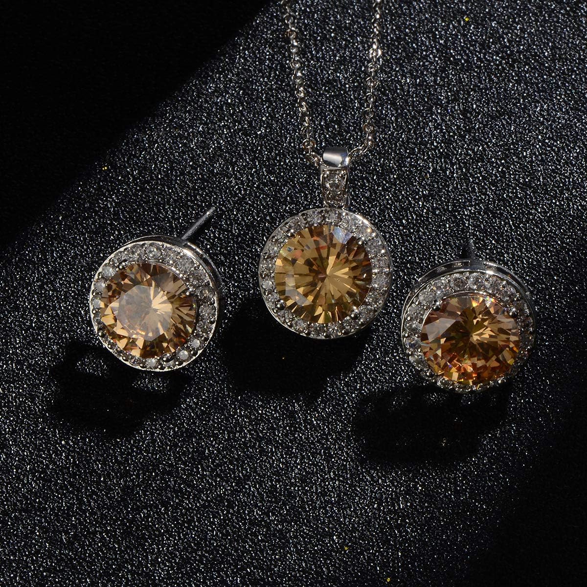 Bridal Crystal Jewelry Set - Sterling Silver Round Cubic Zirconia CZ Rhinestone Halo Birthstone Pendant Necklace Stud Earrings Set for Wedding Bride Bridesmaids Birthday Gift - Image 6