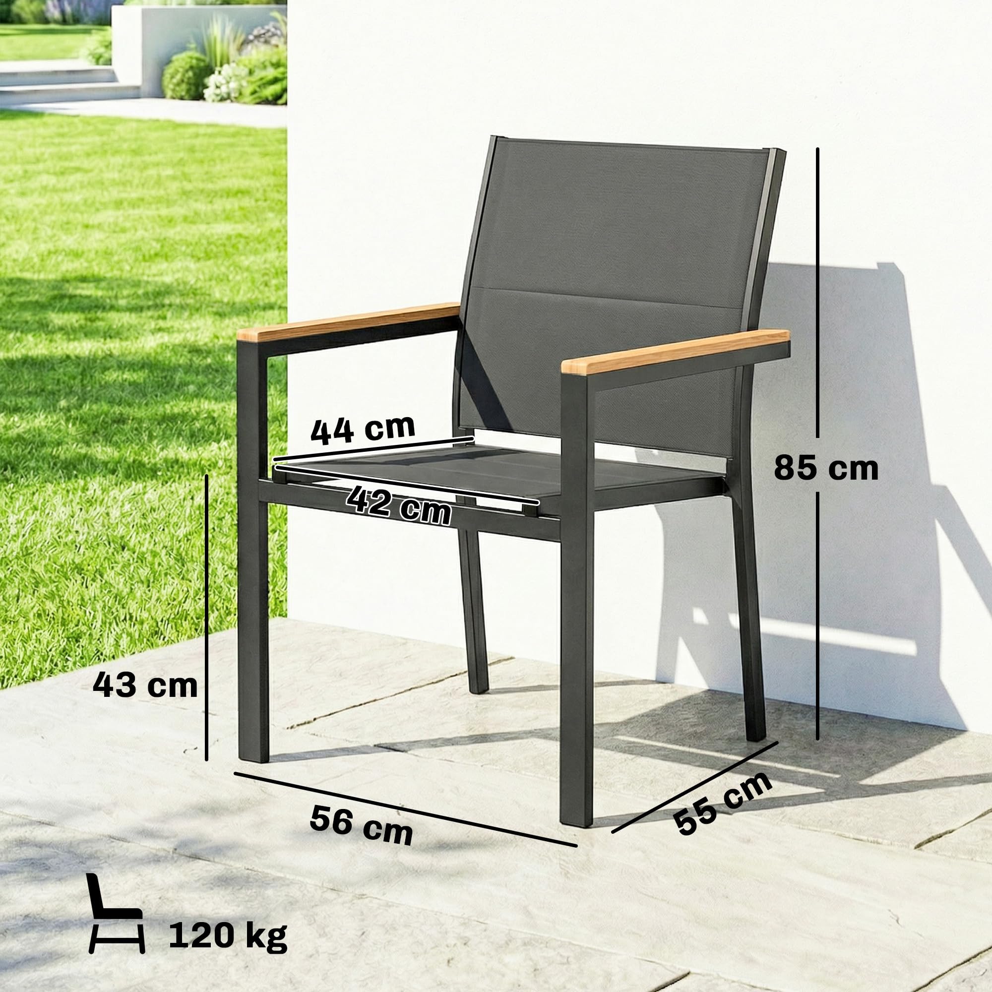 Outsunny Set 2 Sedie da Giardino Impilabili Imbottite in Texteline, Alluminio con Braccioli Effetto Legno, 56x55x85 cm, Grigio Scuro