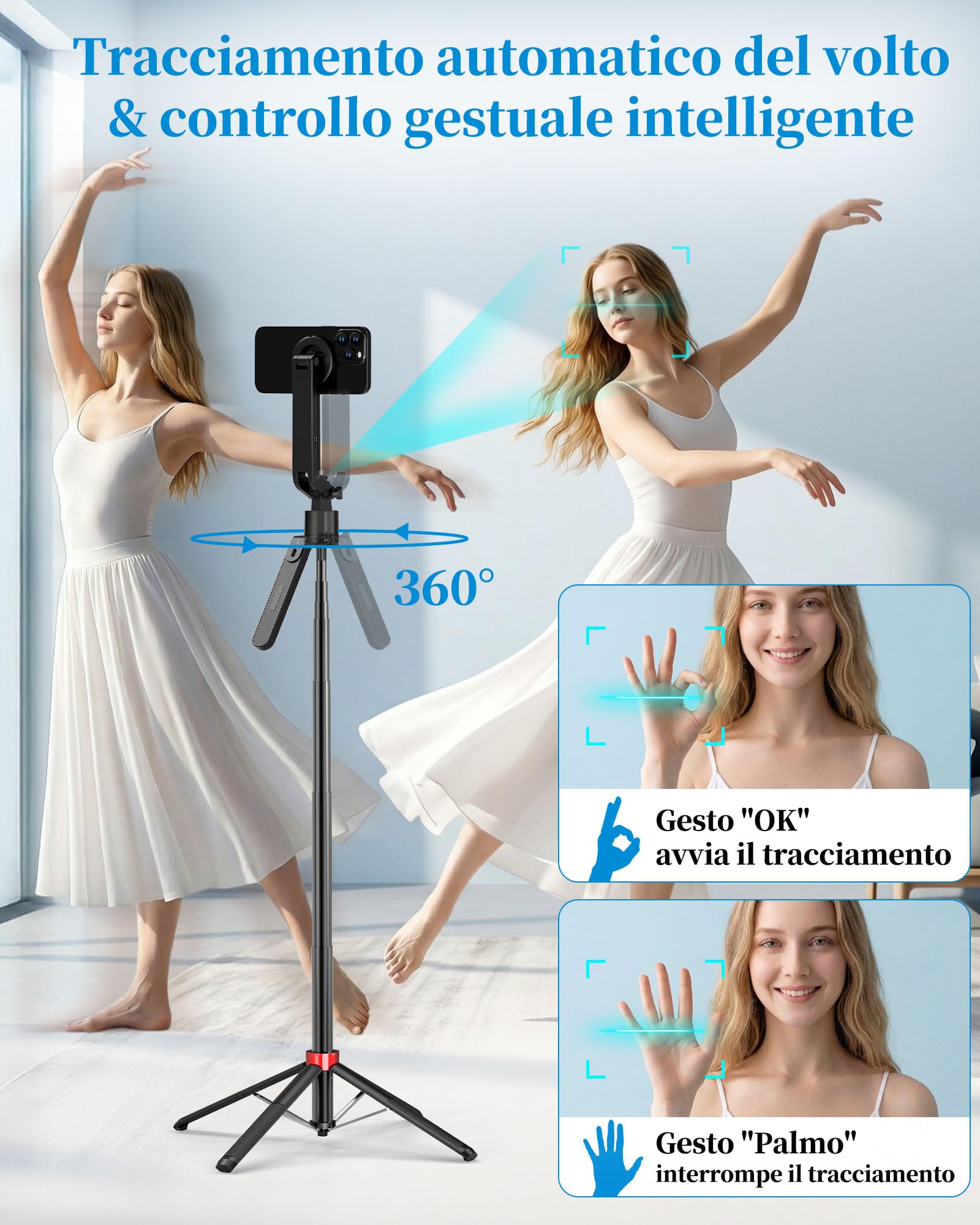PlusAcc Treppiede magnetico per selfie da 72" per iPhone, rotazione a 360°, con telecomando, compatibile con Magsafe/smartphone, per registrazione video, Vlog, Tiktok