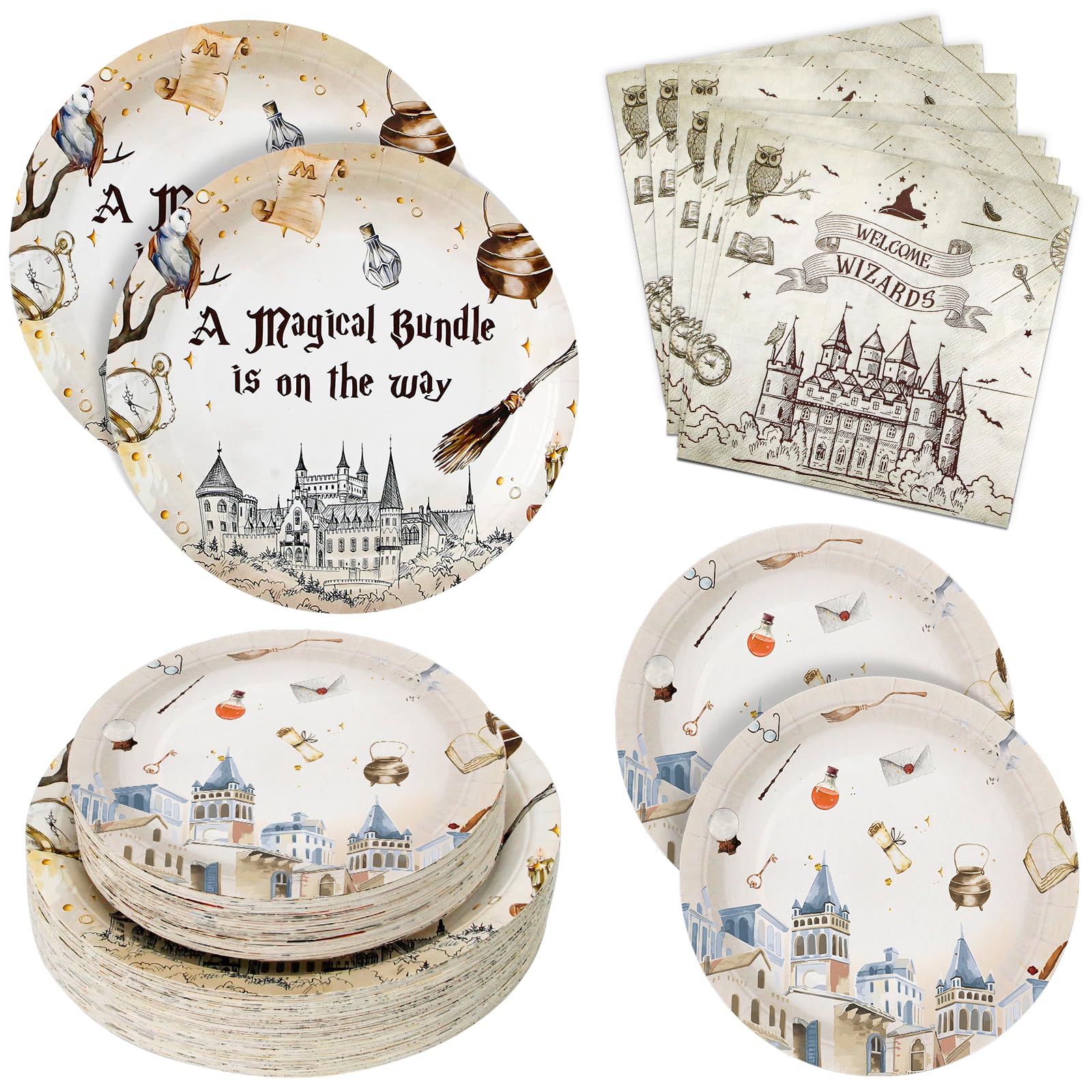 Dhnvcud 180PCS Magical Party Supplies Serve 60,Magical Wizard Paper Plates and Napkins Kit for Boys And Girls Happy Birthday Baby Shower Party,