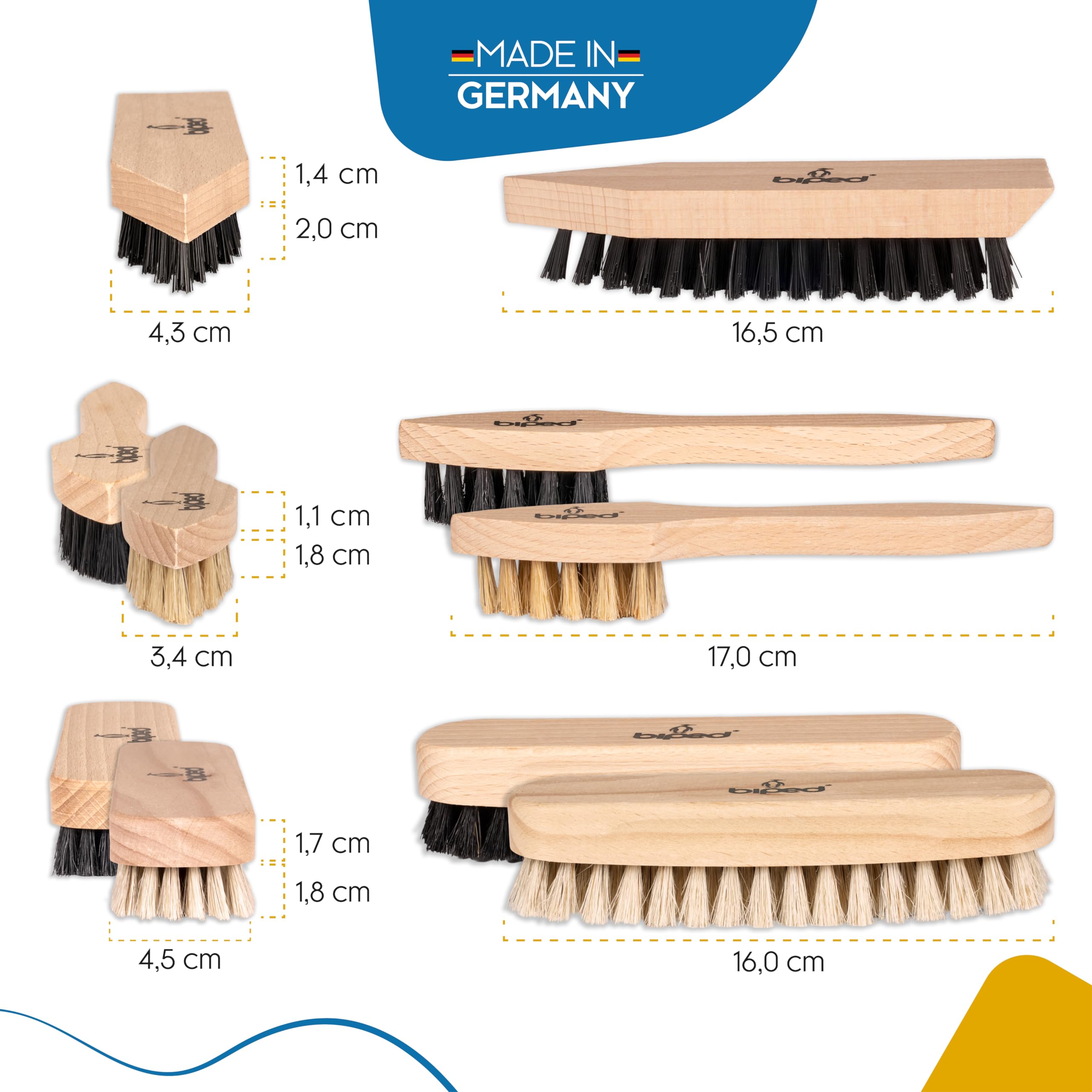 biped juego de cepillos para calzado Classic - Cepillos para calzado, para el cuidado de cuero liso y rugoso - Juego para limpieza del calzado con cepillos lustradores y cepillos para ante z2463