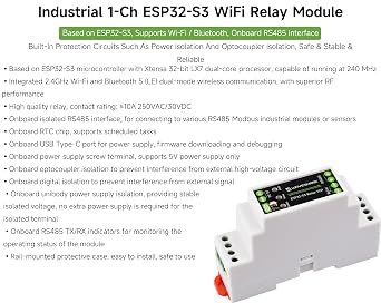 Industrial 1-Ch ESP32-S3 WiFi Relay Module, Support RS485 and Bluetooth/WiFi Remote Control, Better for RS485 Modbus Industrial Modules or Sensors, Built-in Protection Circuits, Safe & Stable