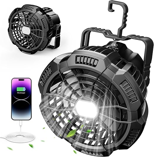 15000mAh Portable Camping Fan with Lantern, Rechargeable Battery Operated Fans with Hook, Glamping Tent Hanging Fan for RV Travel,Car Camping Essentials Accessories,Hiking Gear,Hurricane Survival Gear