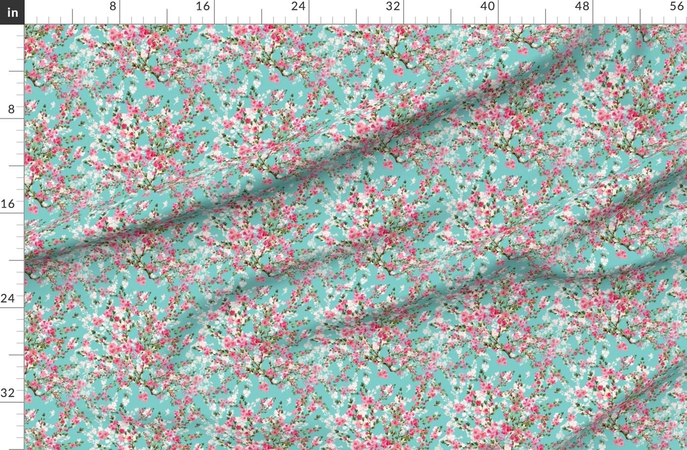 Spoonflower Fabric - Cherry Blossoms Blossom Flower Teal Spring Printed on Denim Fabric Fat Quarter - Bottomweight Apparel Home Decor Upholstery