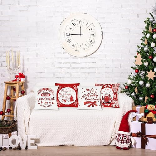 Miniatura 4 de ARTHMOM Juego de 4 fundas de almohada de Navidad de 18 x 18 pulgadas, fundas de almohada decorativas de Navidad rojas y blancas, fundas de cojín