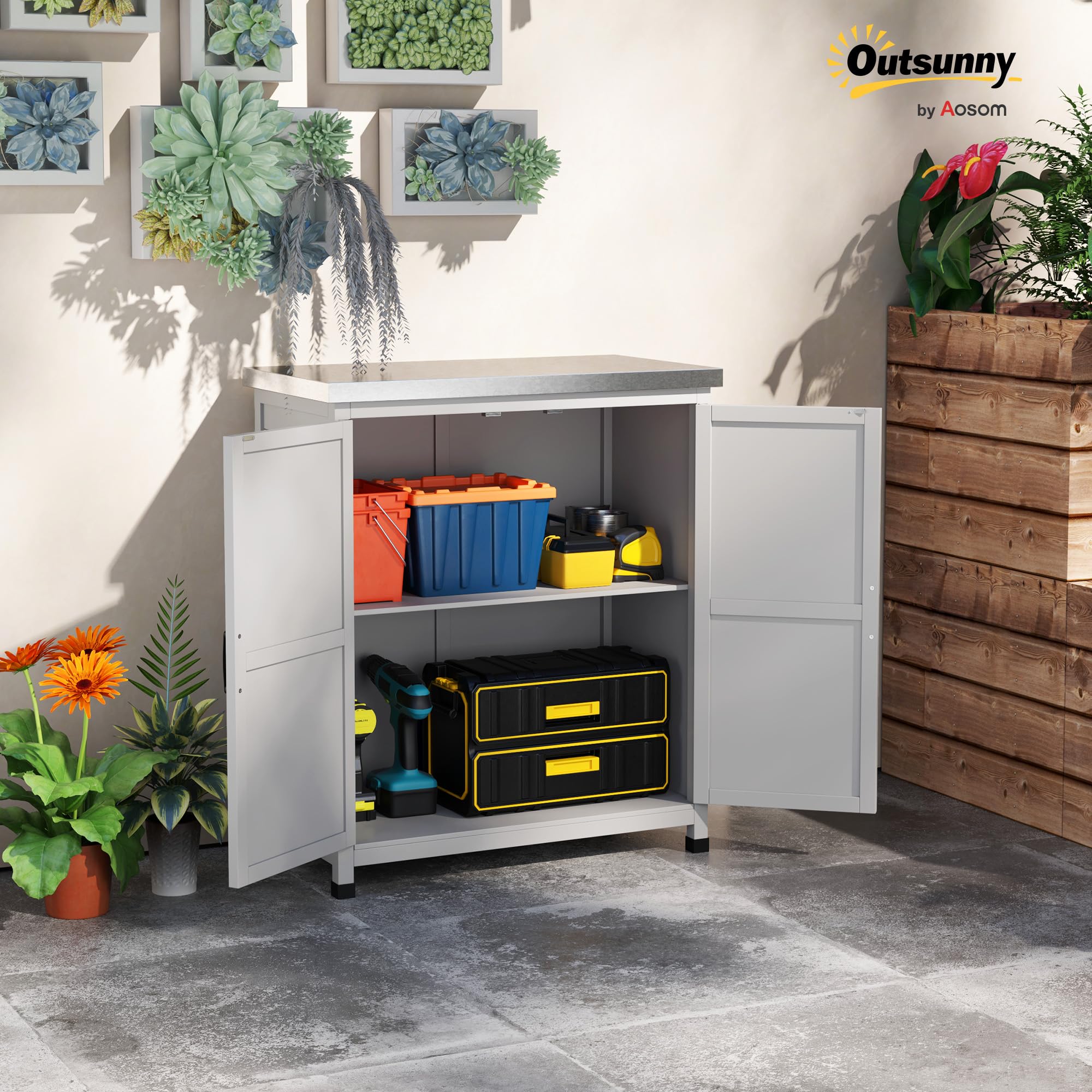 Outsunny Gartenschrank mit Pflanztisch Holz Geräteschuppen verzinkter Arbeitsplatte 2 Regalböden Doppeltür 79 x 43 x 92cm Grau