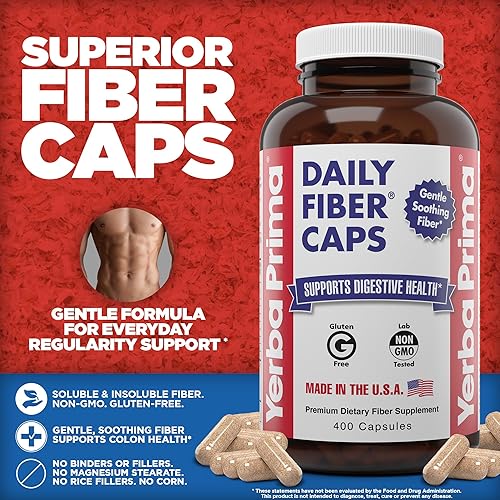Vista 10 de Yerba Prima Daily Fiber Caps Formula, 400 cápsulas, tanto solubles como insolubles, con cáscaras de semillas de psyllium, goma de acacia, fibra