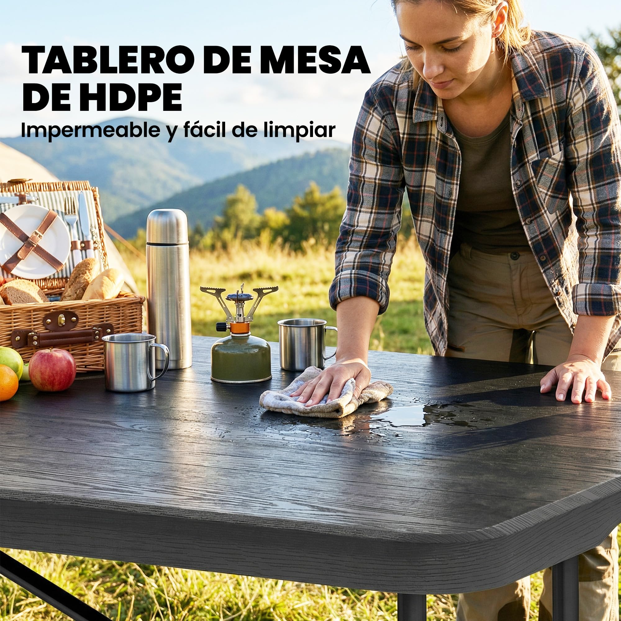 Outsunny Conjunto de Camping Plegable de 5 Piezas Mesa Plegable Camping con Sillas Incluye 1 Mesa 180x74x74 cm y 4 Sillas Tapa Impermeable HDPE y Estructura de Metal para Acampadas Jardín Pícnic Negro