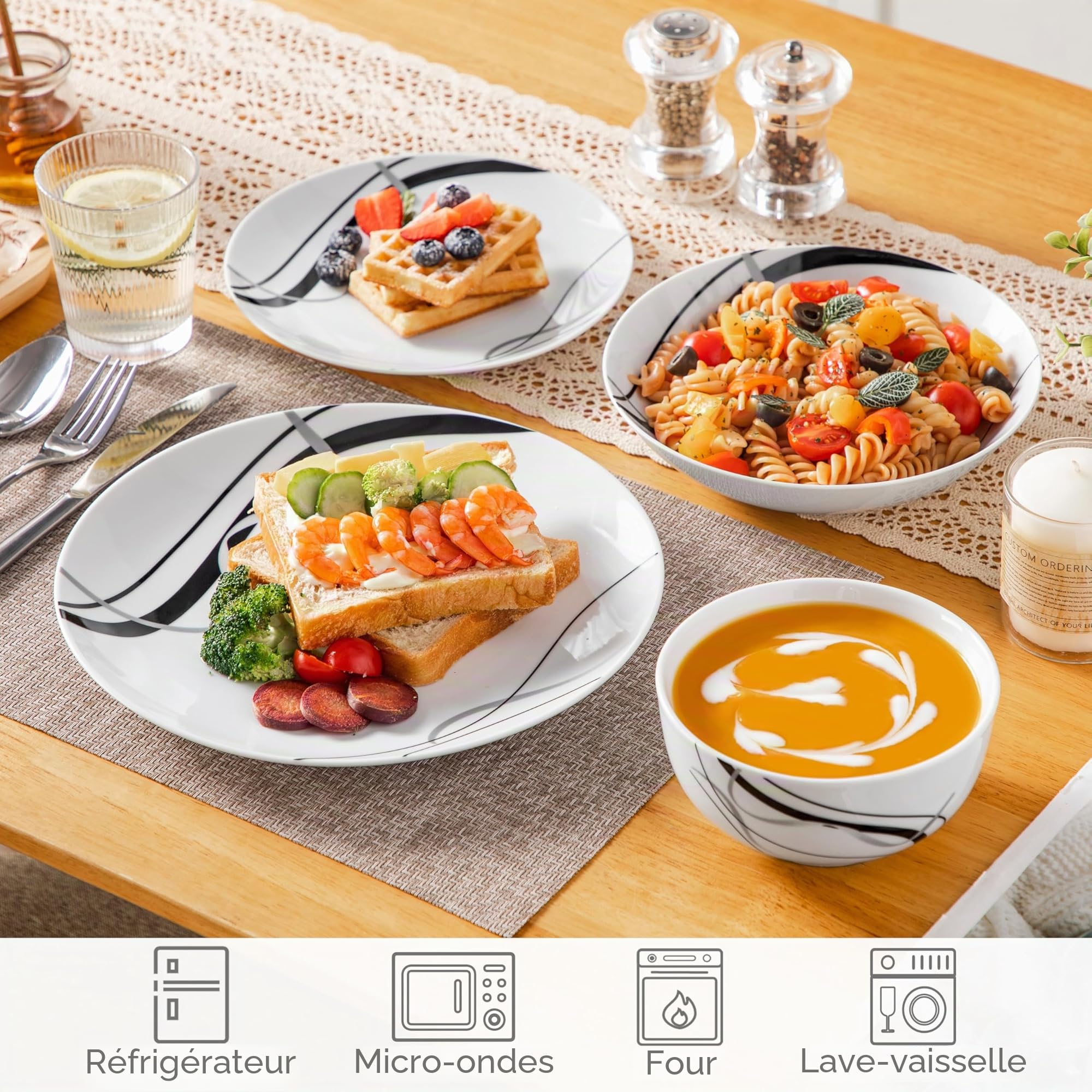 VEWEET, Série FIONA, Service de Table en Porcelaine Rond 24 Pièces pour 6 Personnes, Service de Vaisselle avec 6 Assiettes Plates, 6 Assiettes à Desserts, 6 Bols à Céréales et 6 Bols à Pâtes