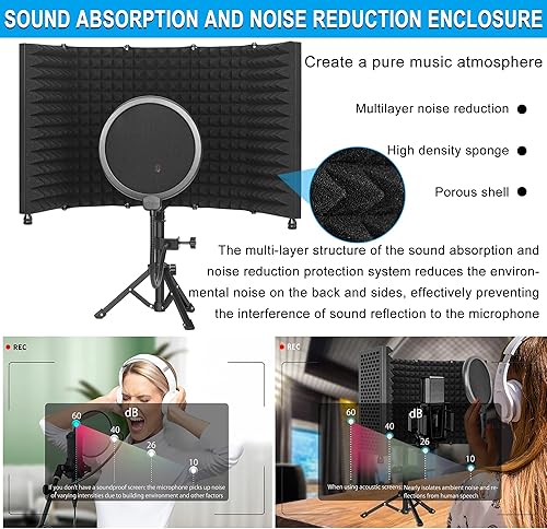 Miniatura 2 de ITHWIU Escudo de aislamiento de micrófono con soporte de trípode, panel curvado, escudo de sonido plegable con triple aislamiento acústico,