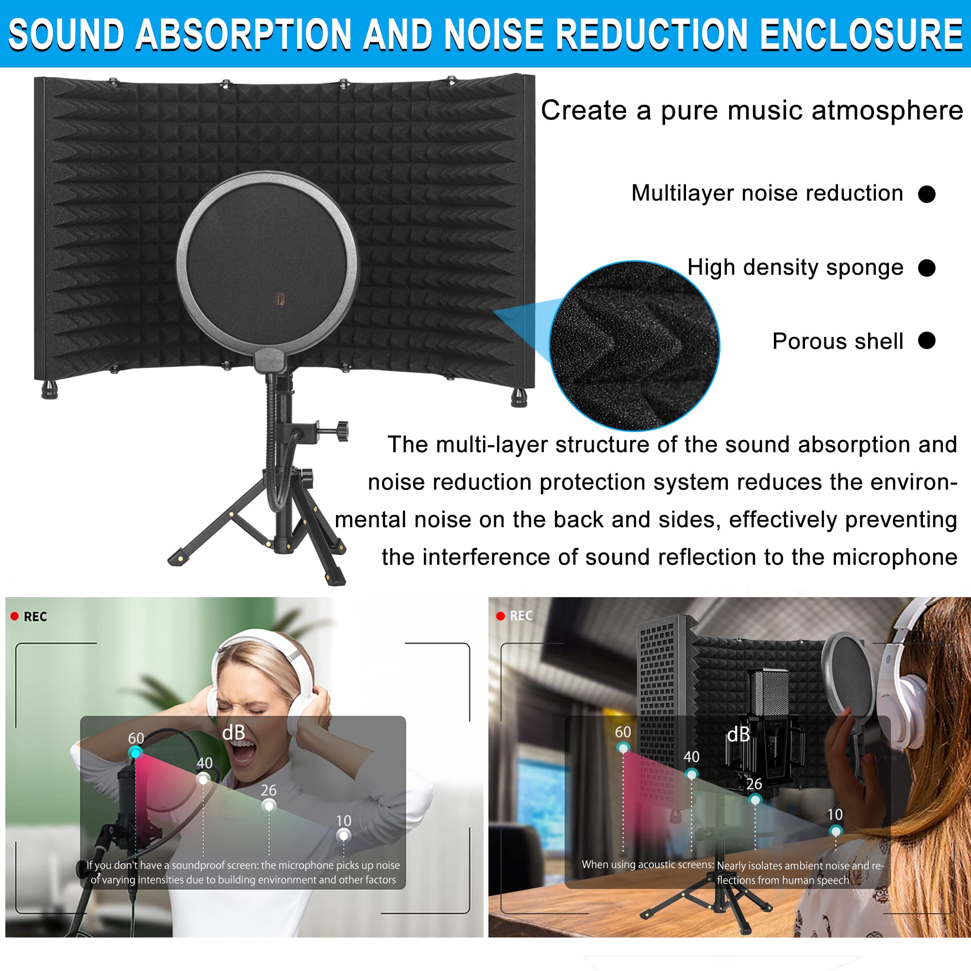Bouclier d'isolation pour microphone avec trépied et panneau incurvé