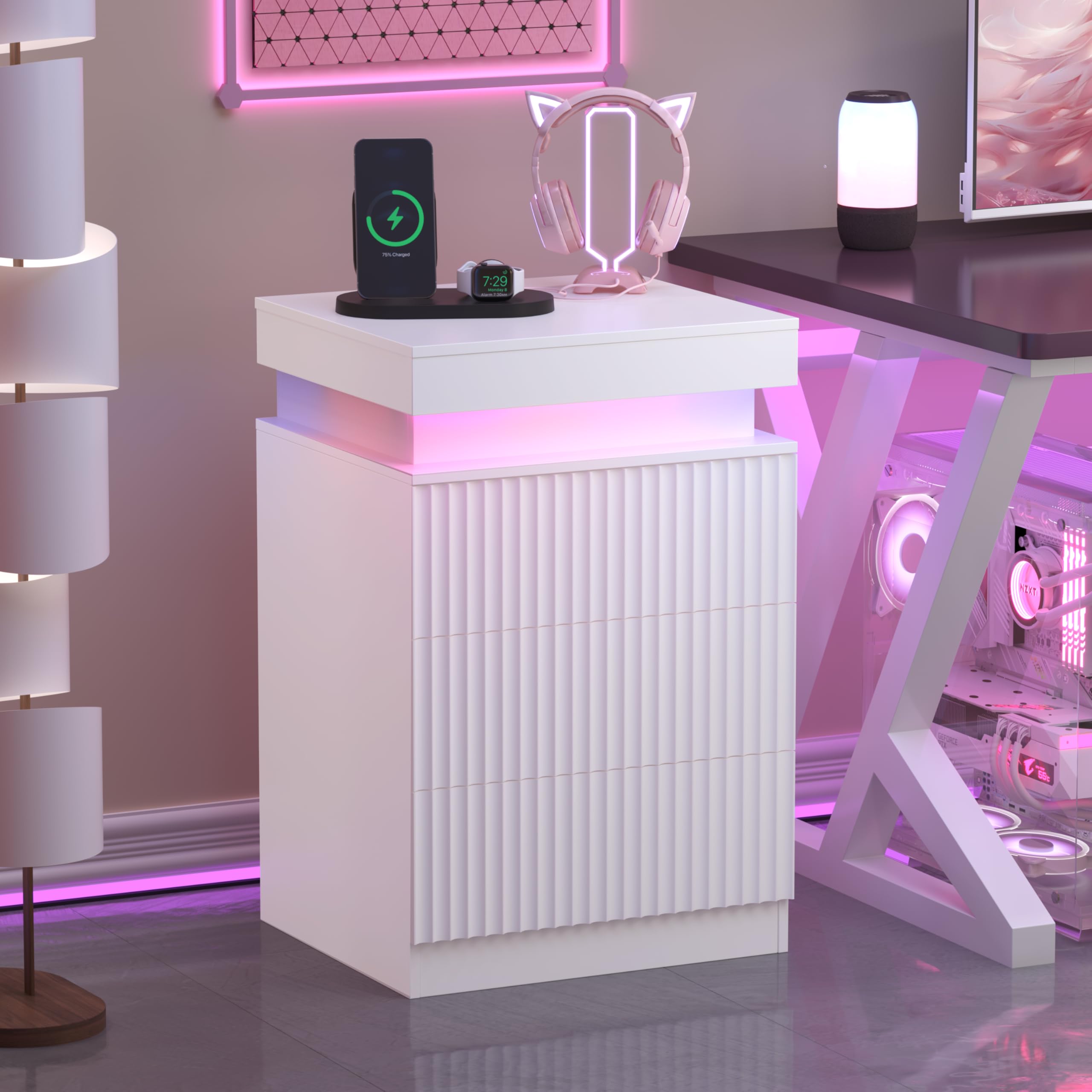 Fluted Nightstand with Charging Station and LED Light, Bedside Table with Sliding Top, USB Ports and AC Outlets, 3 Drawer Storage Cabinet, Modern End Table for Bedroom, White