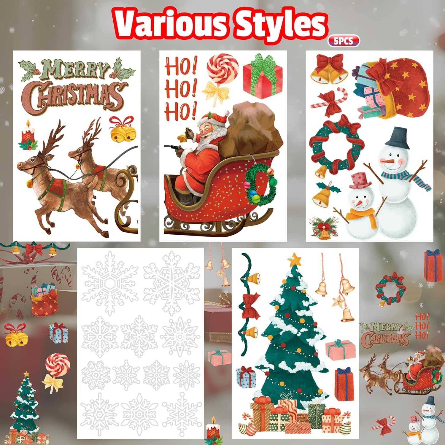 Christmas Party Decorations - Snowflake Window Clings Stickers for Glass | Christmas Decorations Indoor Outdoor - Holiday Santa Claus Reindeer Decals Xmas Decor Party Favors Supplies for Outside 2025 White Red