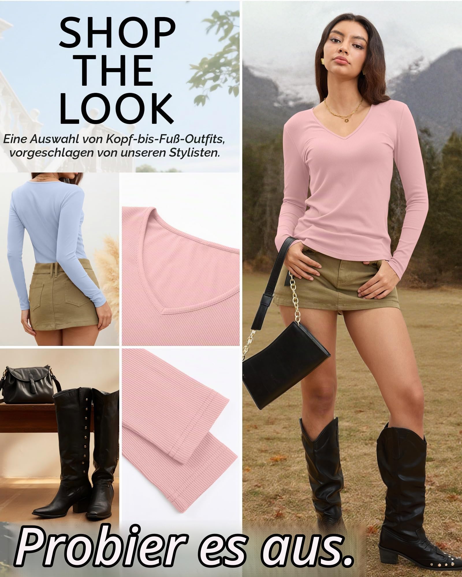 Ficerd 3er-Pack Damen Langarm Rippstrick-Shirts