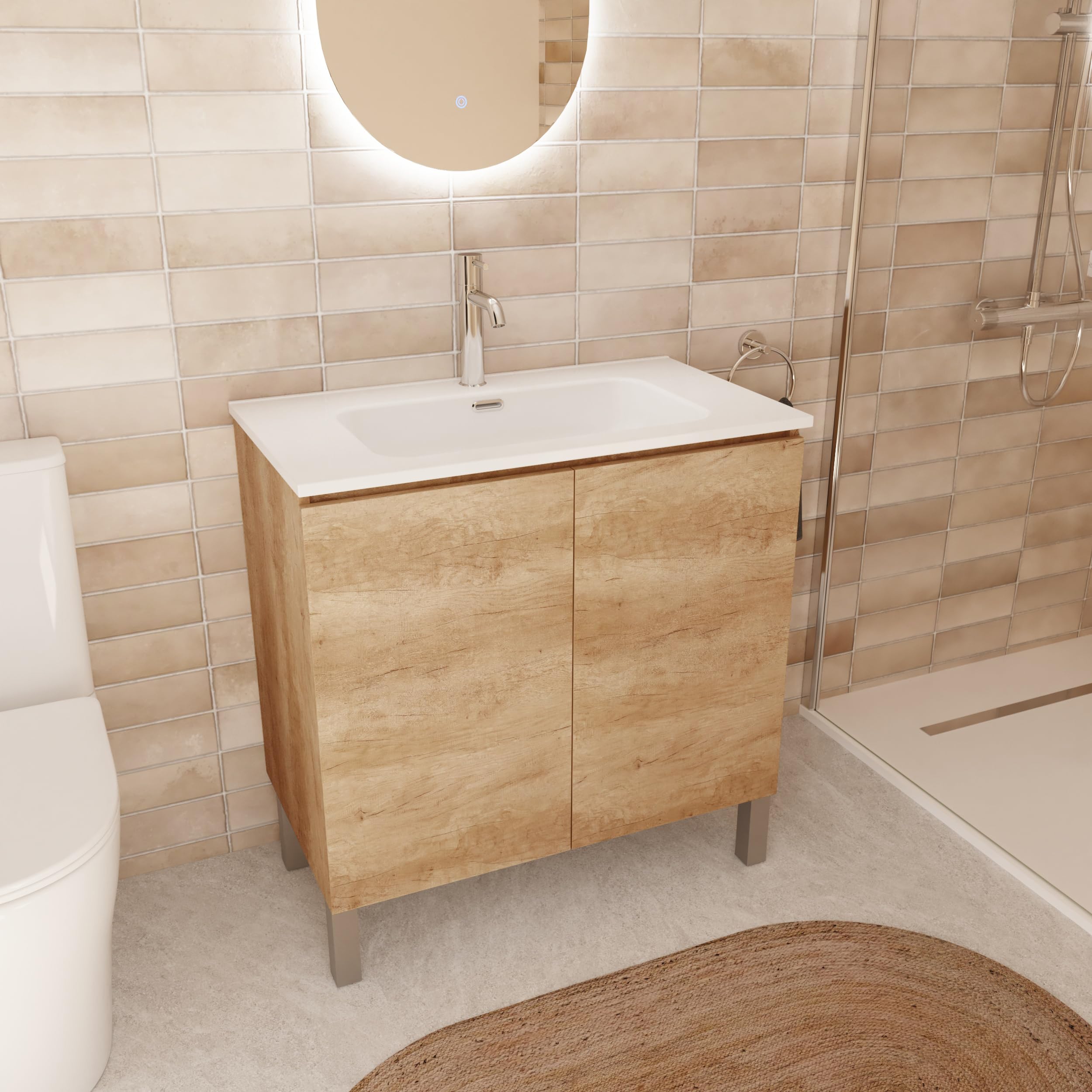 Baikal Mueble de Baño Nook. Mueble MONTADO. 60cm Nature 2 Puertas. Cierre Amortiguado. Patas Cromadas. Armario de Baño. Incluye Lavabo Ceramico