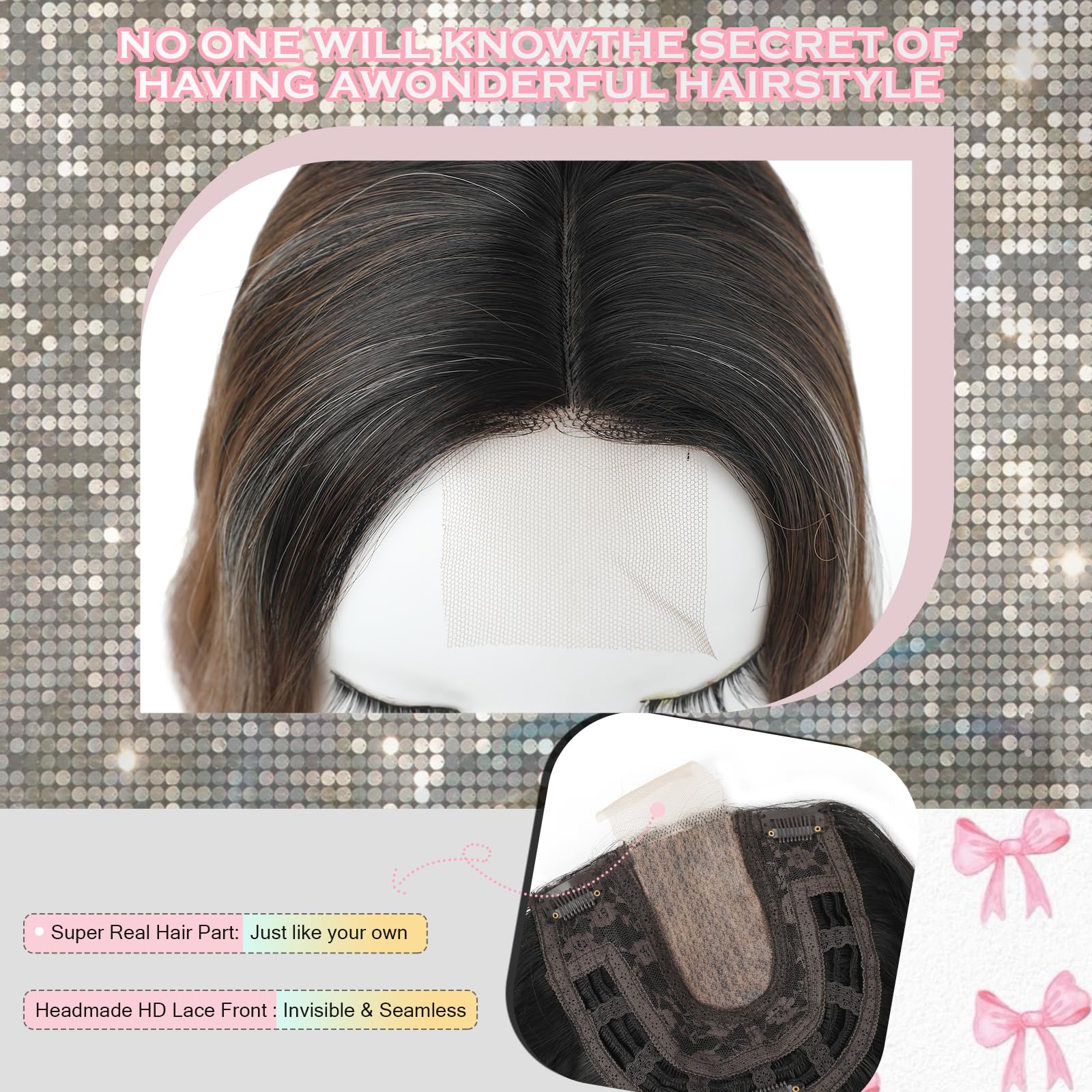 20 Inch Hair Toppers For Women Long Wavy Curly Hair Topper Darkest Brown Clip In Synthetic Wiglets Hair Pieces For Women (Highlights Brown with Dark Root - Image 3