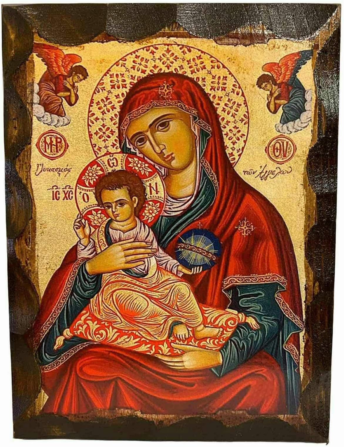 Greek Christian Orthodox Icon Virgin Mary Sweetness of Angels Handmade Solid Wood (16 X 12cm or 6.3 X 4.7 in)