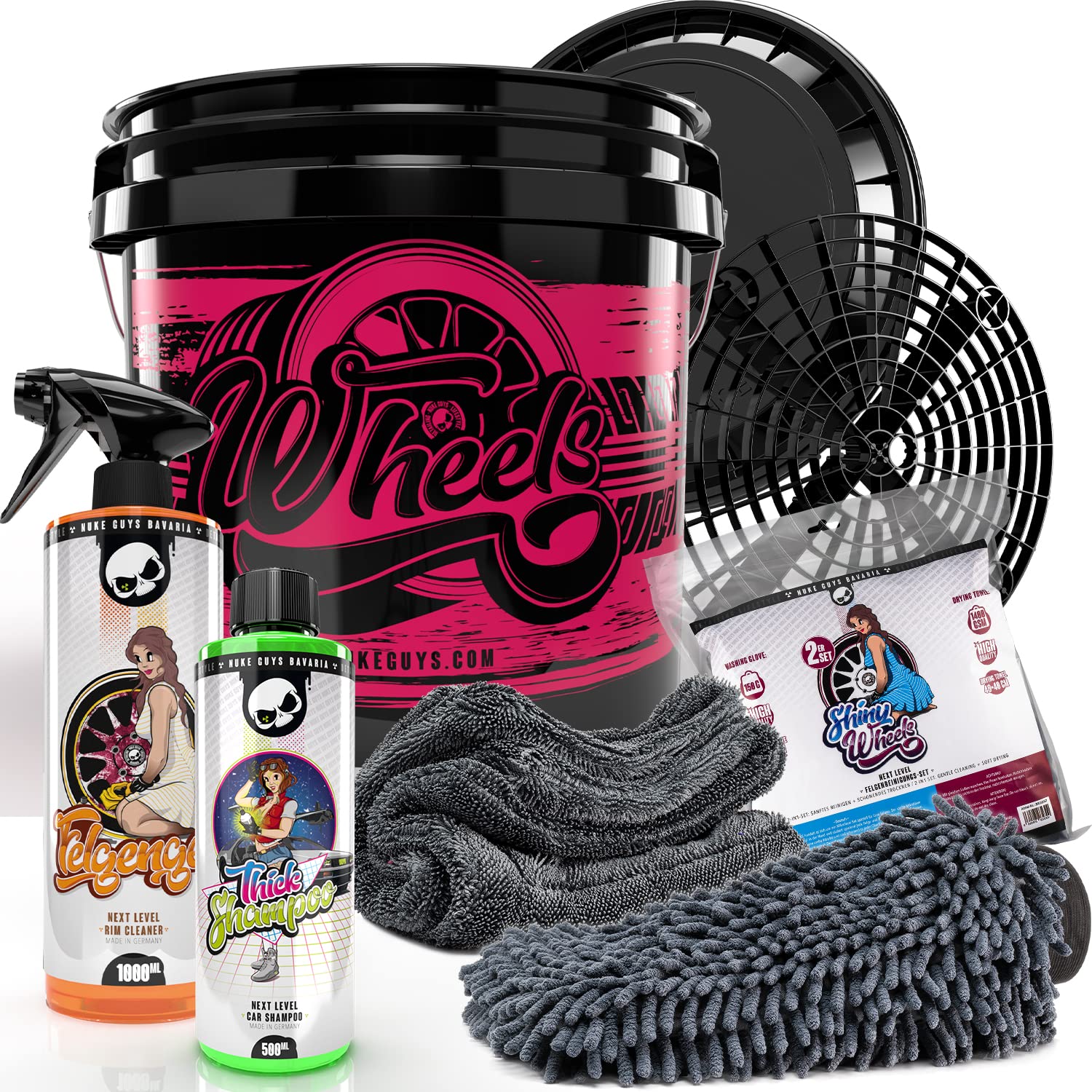 Nuke Guys Set de lavado profesional para el lavado óptimo de manos: Nuke Guys Wheels Bucket 3,5 GAL + tapa, champú grueso de 500 ml, limpiador de llantas de 1 l, juego de microfibra Shiny Wheels 2 en