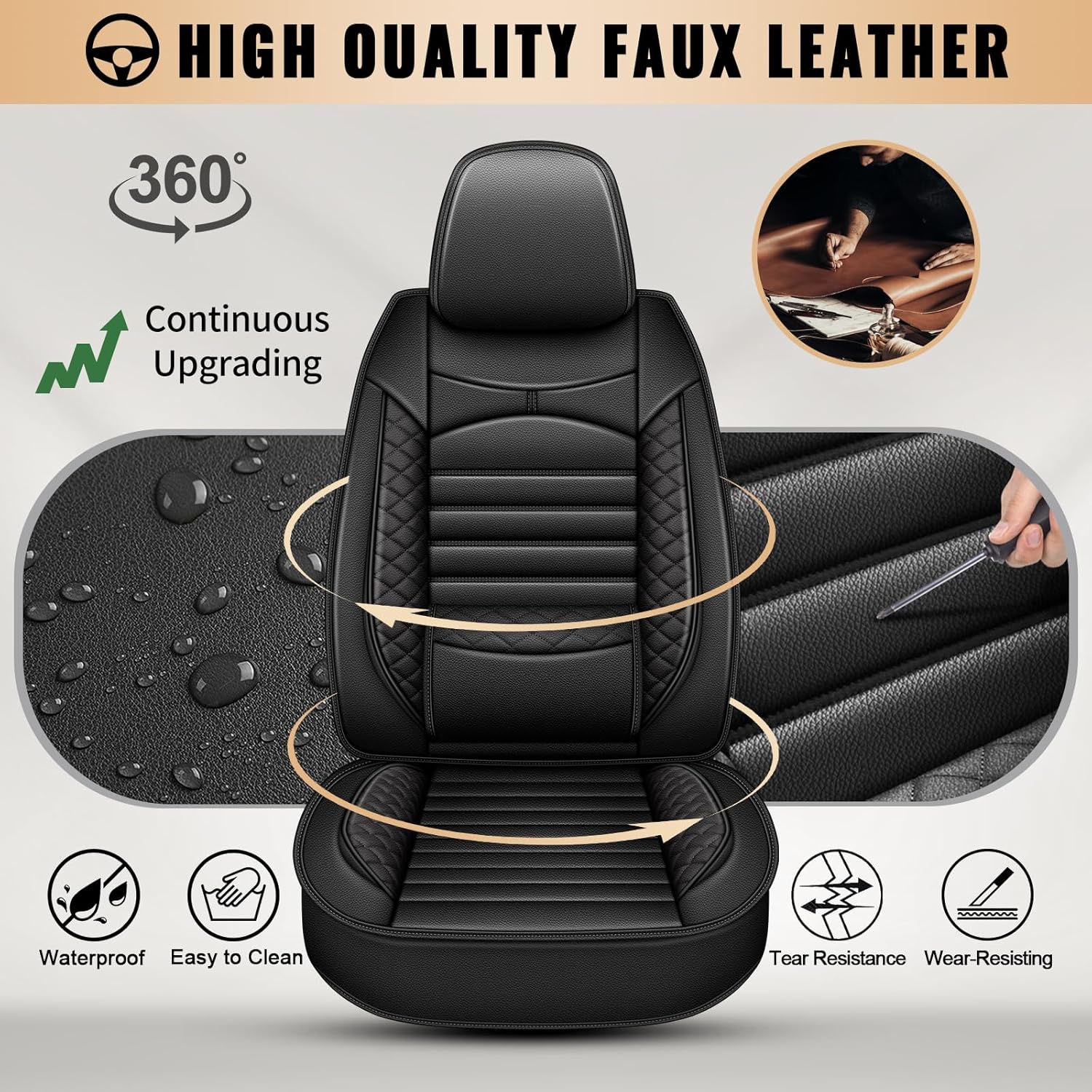 Front Seat Covers for GMC Yukon:2007-2025 2026 Waterproof Faux Leather Automotive Seat Covers Vehicle Seat Cushion Protector Compatible Airbag(2 Seat Black)