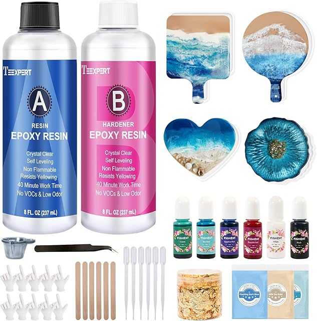 Teexpert Epoxy Resin Kit for Beginners, 474ml Crystal Clear Resin Starter Kits with Moulds, Pigments, Mica Powder, Gold Leaf, Resin Kit for Coaster Jewelry Tray Coating and Casting