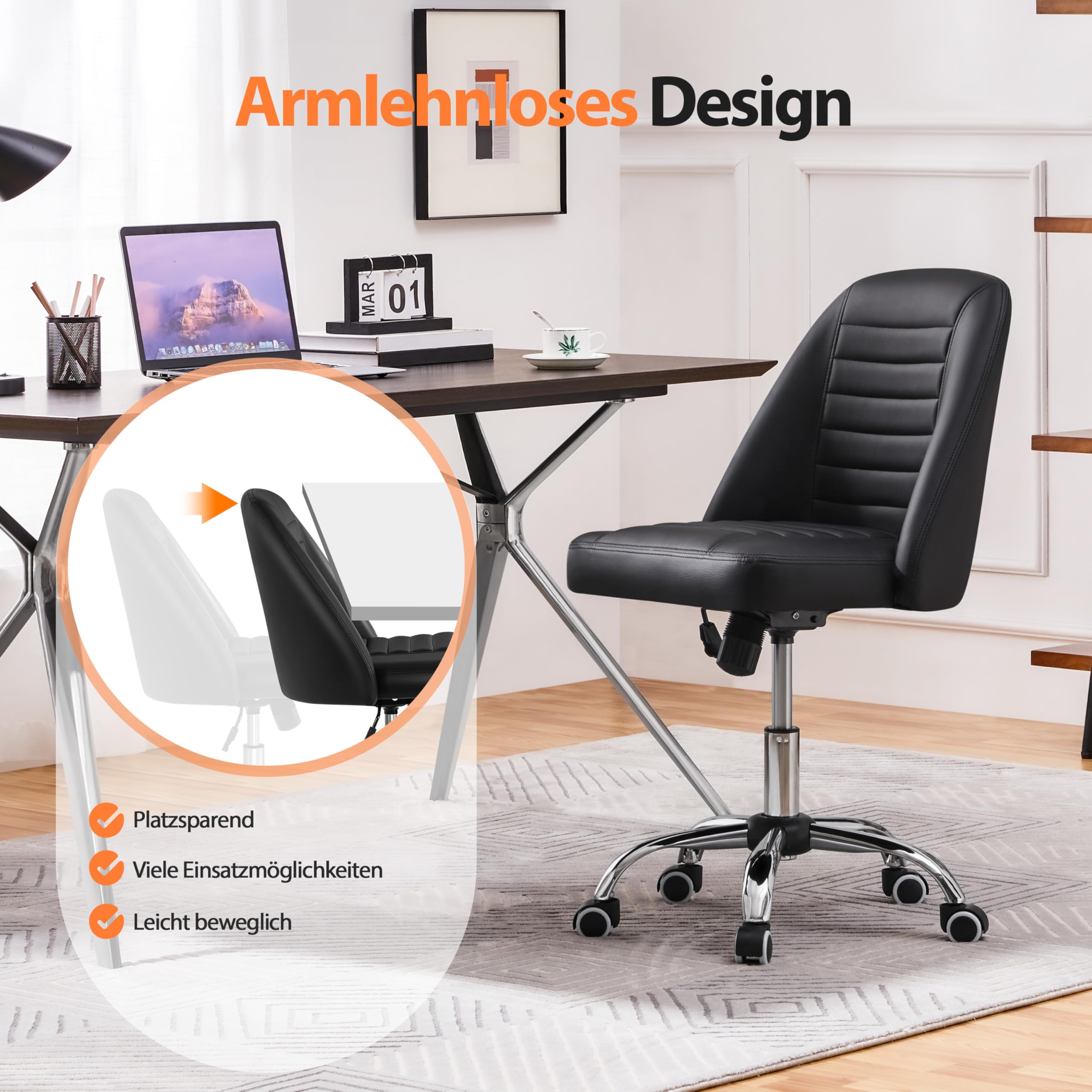 Yaheetech Bürostuhl ohne Armlehne Schreibtischstuhl Drehstuhl mit Rollen ergonomischer Schreibtischsessel höhenverstellbar Arbeitshocker Schminkstuhl Kunstleder Schwarz