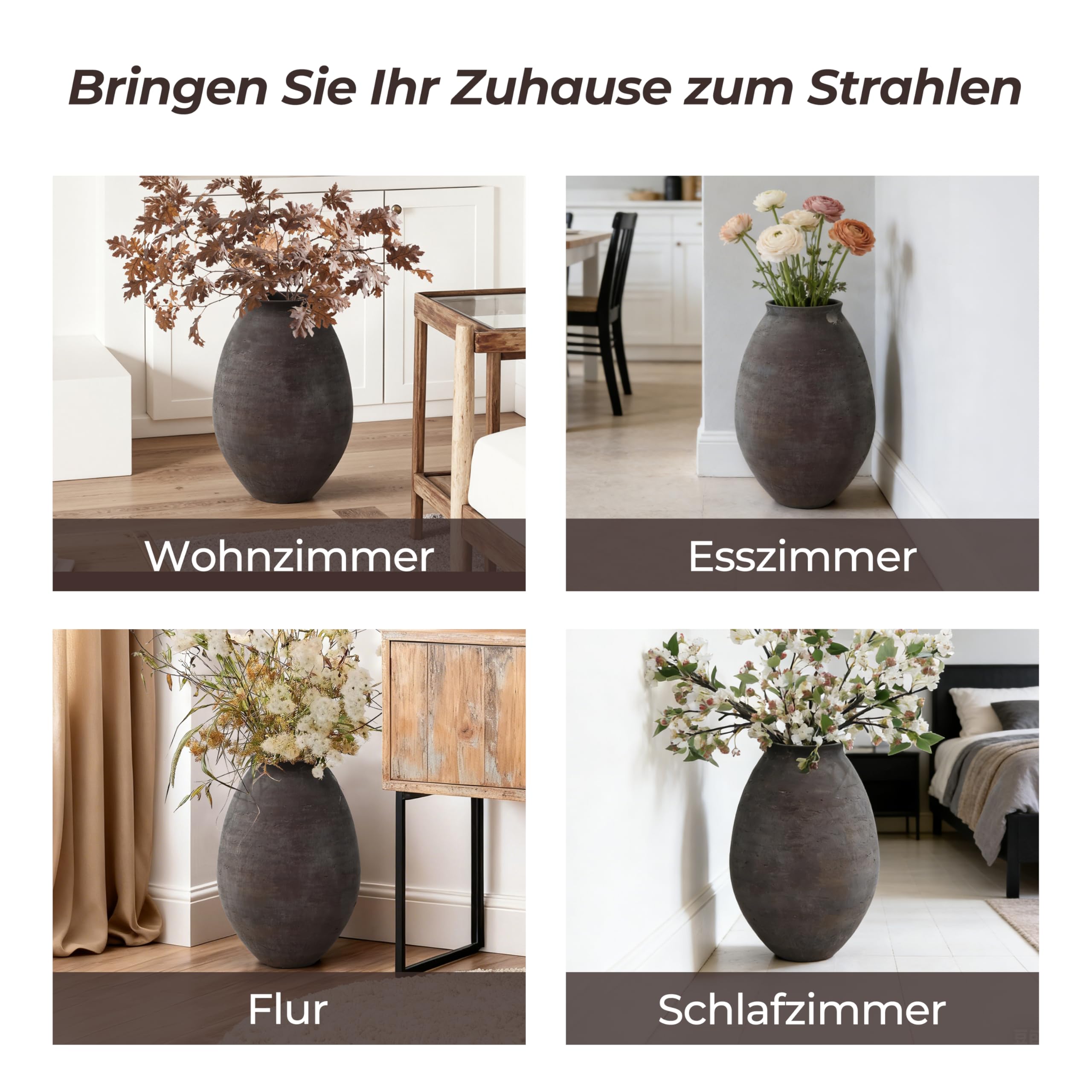 Hometopia Vase Groß Braun 40 cm – Rustikale Betonvase im Wabi-Sabi Stil, Große Bodenvase aus Zement für Pampasgras & Trockenblumen, Handgefertigte Dekovase