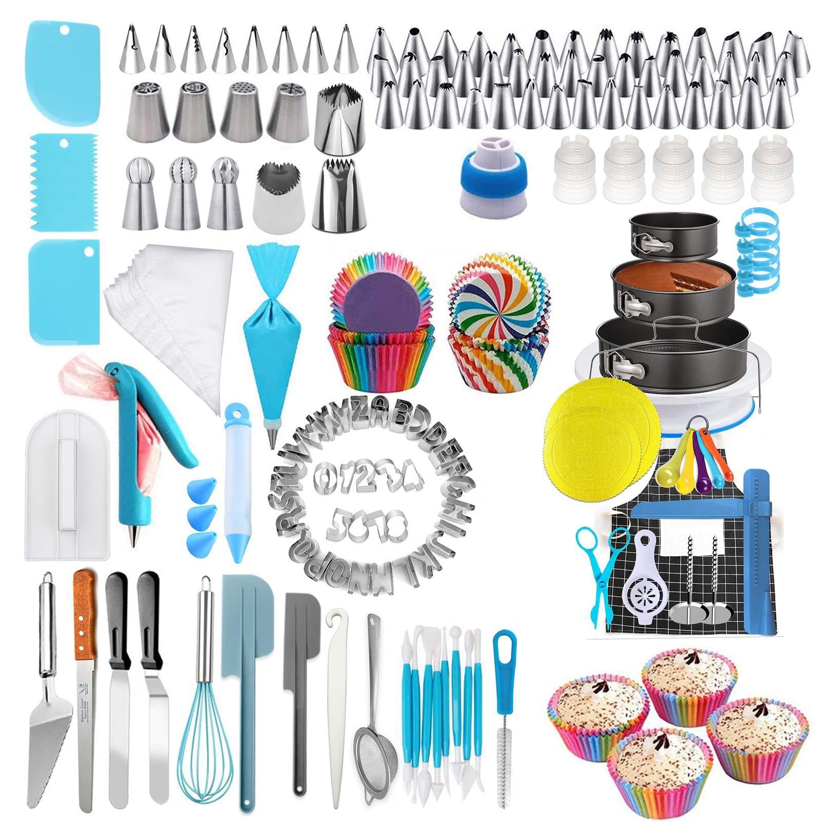 Juego para decoración de tartas de 458 piezas – Manga pastelera con puntas | de acero inoxidable, anillos de fijación reutilizables tijeras para transferencia de flores | Kit completo de cake pop para