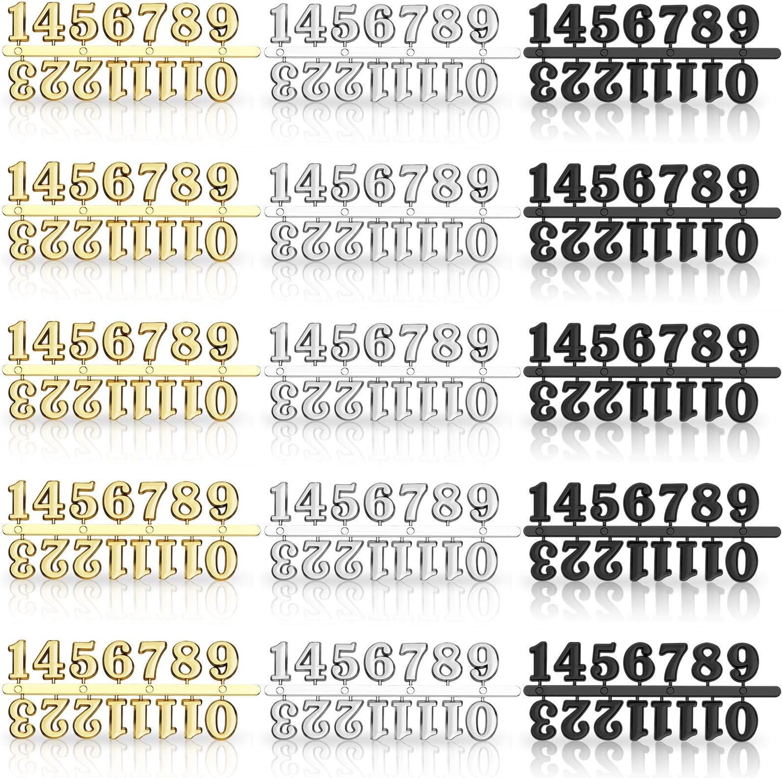 15 Pieces Clock Numerals Kit in Black Silver Gold DIY Digital Clock Numbers Clock Hands Replacement Parts Clock Accessories for Home Art Decor (Arabic Numerals)