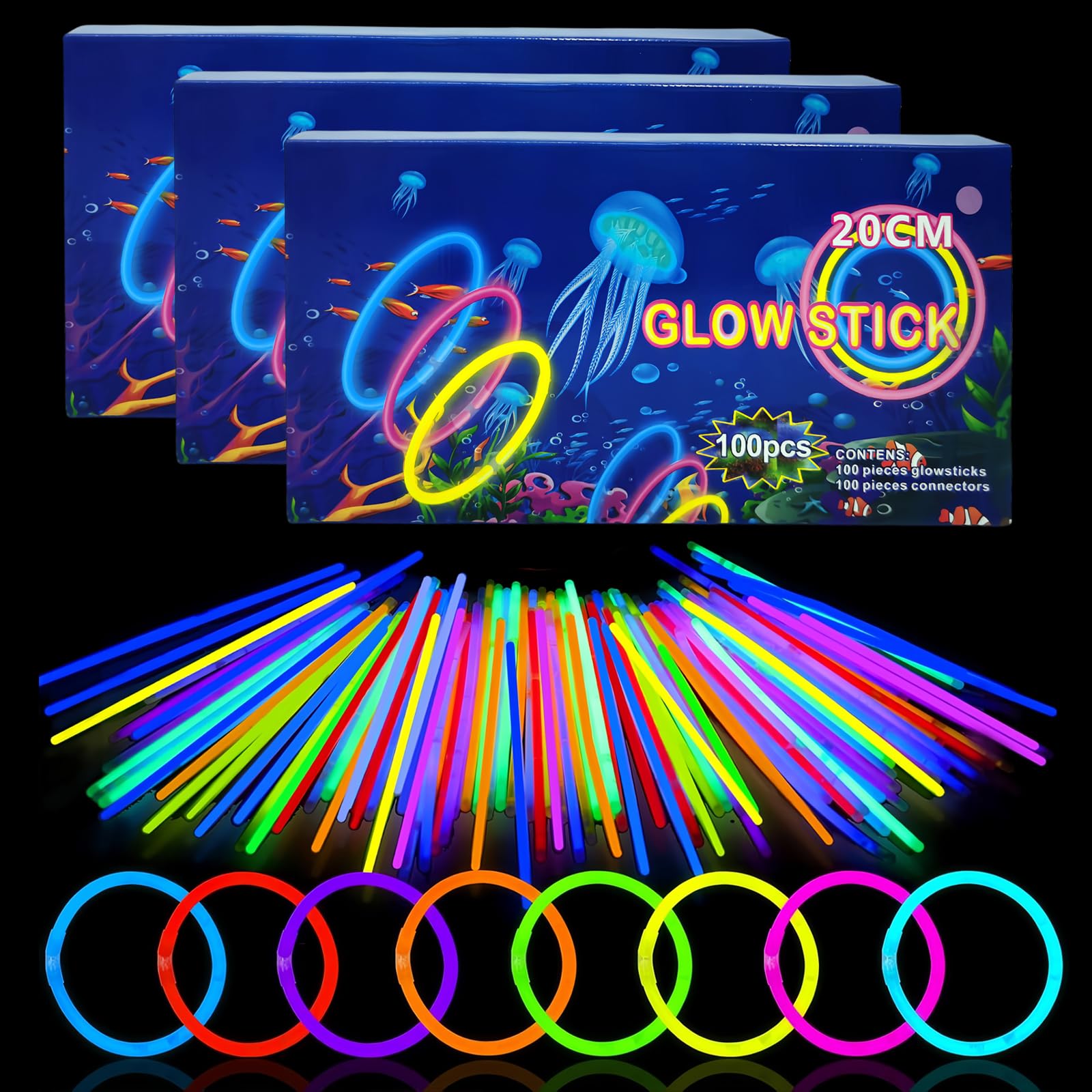 300Pcs Multicolour Glow Sticks Party Packs,Glow in the Dark Party Supplies,Children Glow Stick Necklaces Bracelets,20cm Glowsticks Bulk for Kids Adults Halloween Christmas Easter Party Bag Fillers