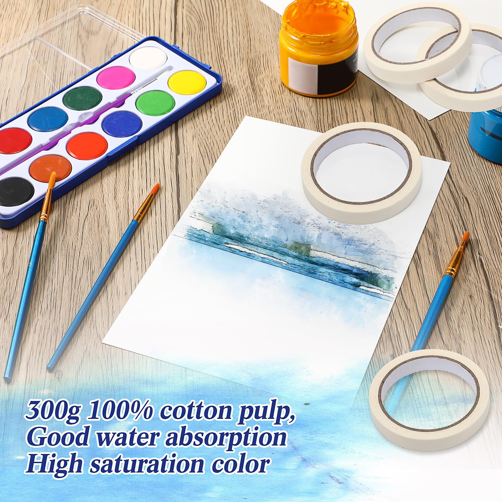 MotiMind Aquarellpapier, Baumwolle, 300 g, 12,7 x 17,8 cm, 15,2 x 22,9 cm, 22,9 x 30,5 cm, 6 Stück, Abdeckband für Papier, 1,5 cm breit, 120 m lang, insgesamt für Künstler, Malliebhaber, Kunstbedarf