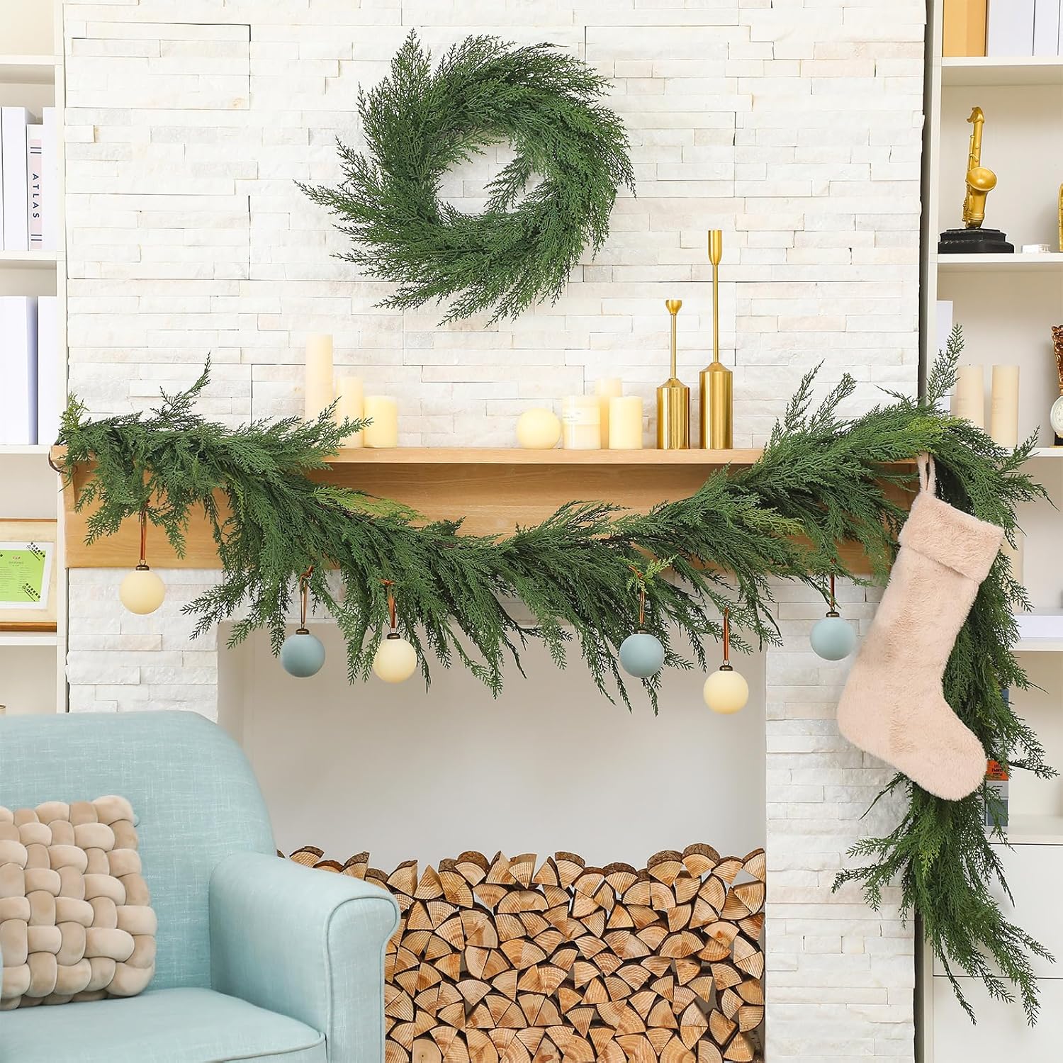 Jutom 1 PCS 9 ft Christmas Cedar Garland - Green Artificial Realistic Cedar Garland Faux Decoration for Table, Mantel, Wall Winter Holiday Party - Image 5