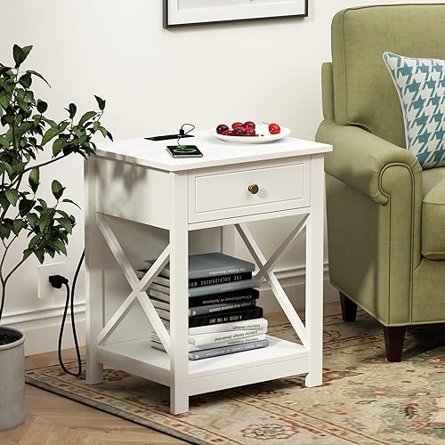 Miniatura 5 de Treocho Mesa auxiliar blanca con estación de carga, mesa auxiliar X-Design con 2 tomas de corriente alterna y USB, mesita de noche pequeña con cajón