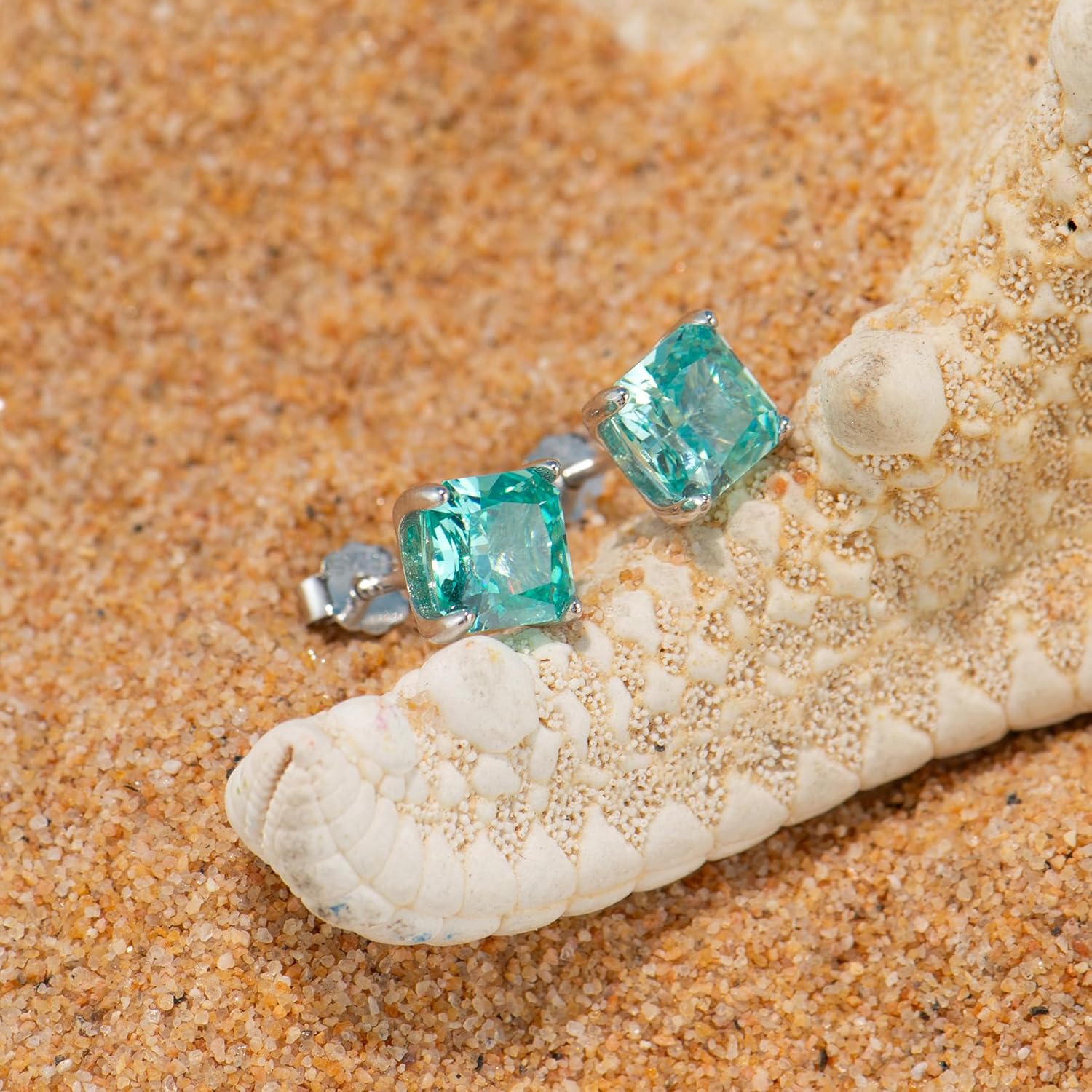 Cubic Zirconia Stud Earrings, Unique Paraiba Blue/Sunshine Yellow Princess Cut Diamond, Crystal Clear Color CZ, White Gold plated S925 Sterling Silver - Image 5