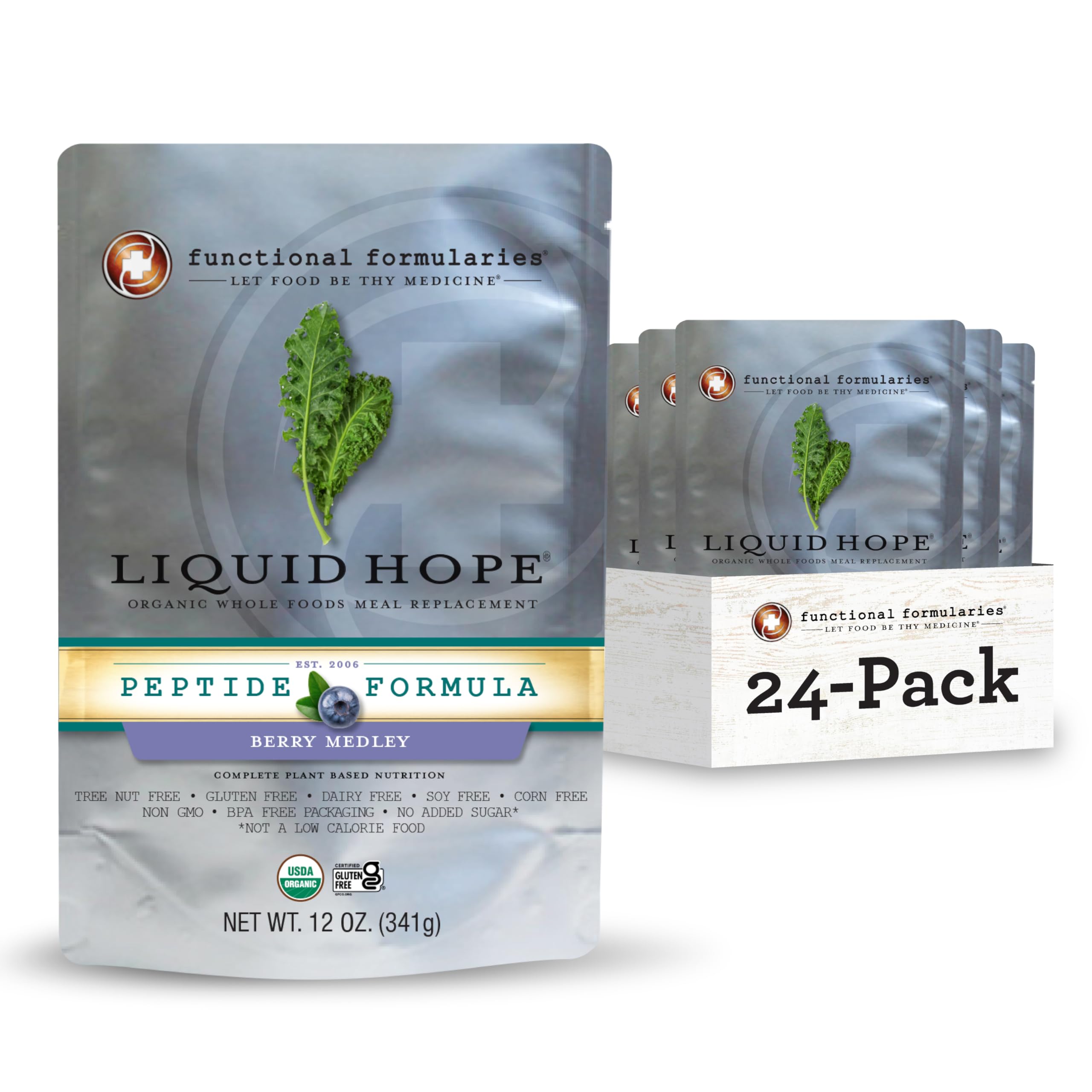 Liquid Hope Peptide Berry Medley, Organic Tube Feeding Formula and Nutritional Meal Replacement Supplement, 12 Fl. Oz. Pouch, Pack of 24