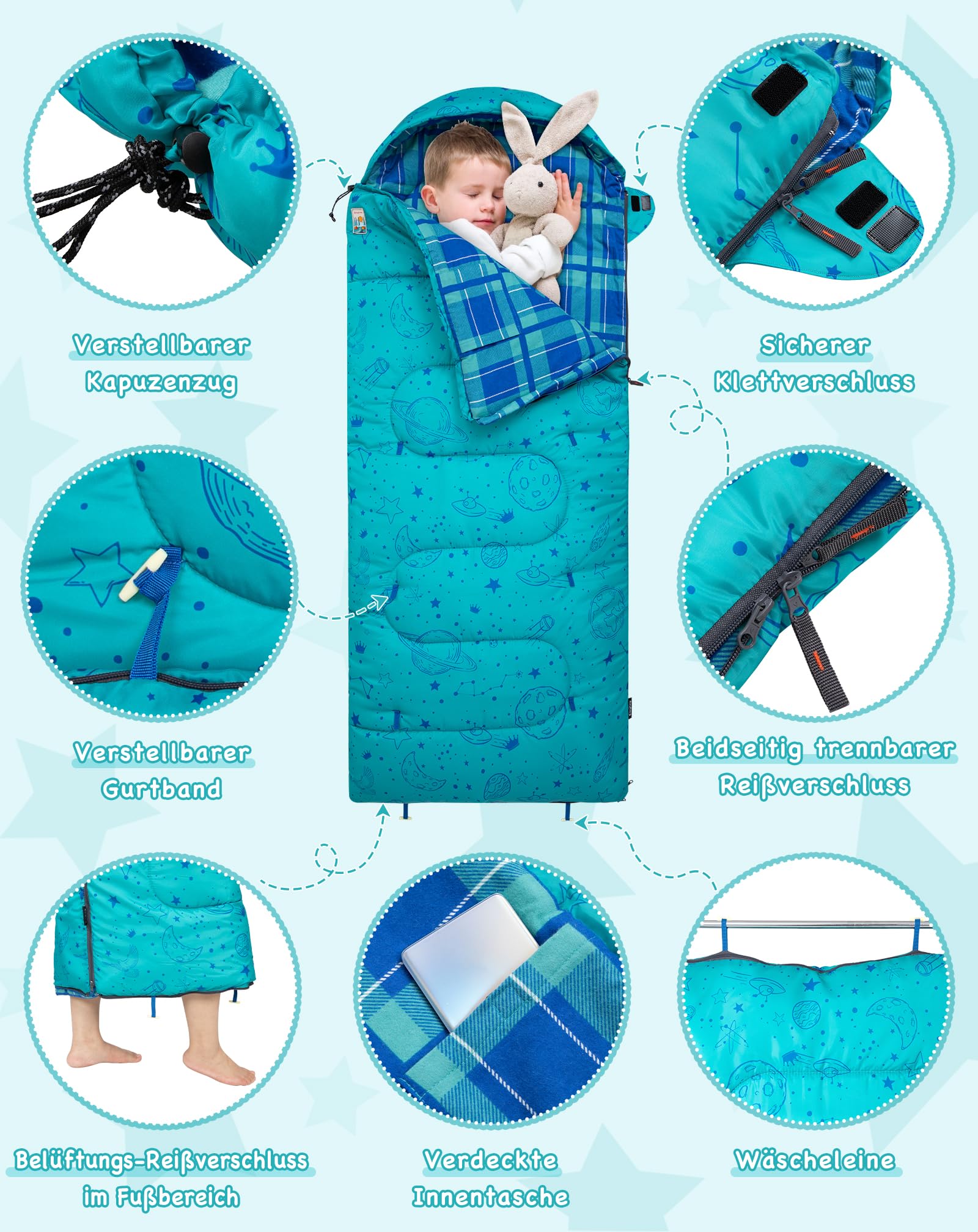 Kingcamp Kinderschlafsack Baumwolle Flanell Sommer bis 145cm | Deckenschlafsack für Kinder 10-12 Jahre: warm, komfortabel&wasserabweisend–ideal für Camping&Outdoor-Reisen