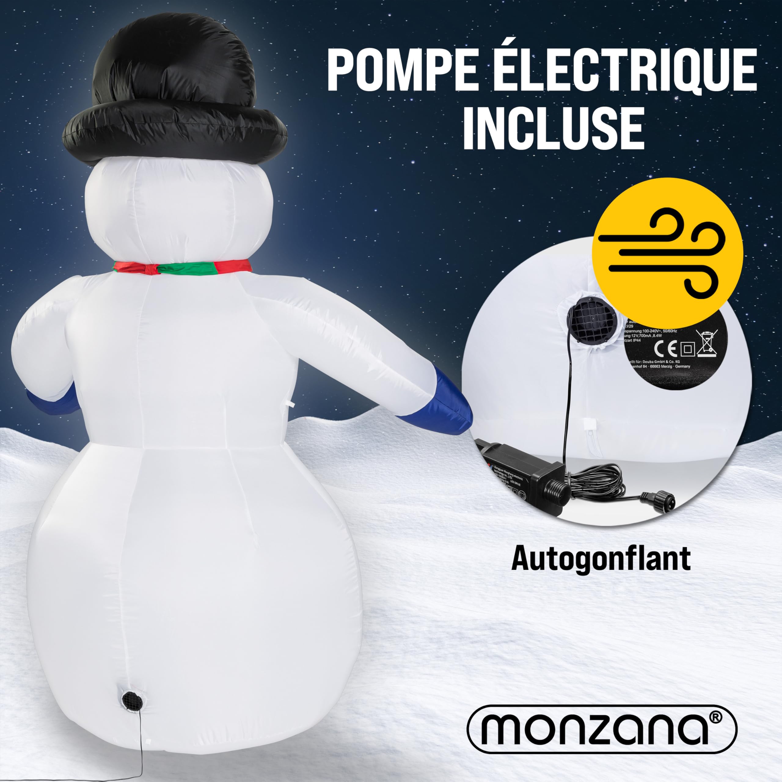 MONZANA® Bonhomme de neige gonflable 240 cm XXL décoration lumineuse Noël matériel fixation extérieur personnage figurine Noël fête autogonflant