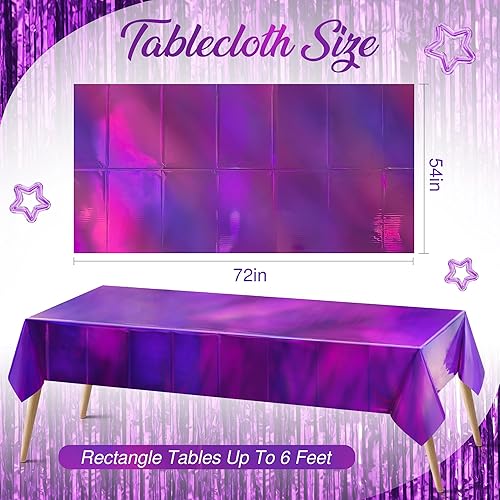 Miniatura 2 de 2 manteles de plástico iridiscentes morados, desechables brillantes de 54 x 72 pulgadas, mantel rectangular holográfico con láser, mantel de