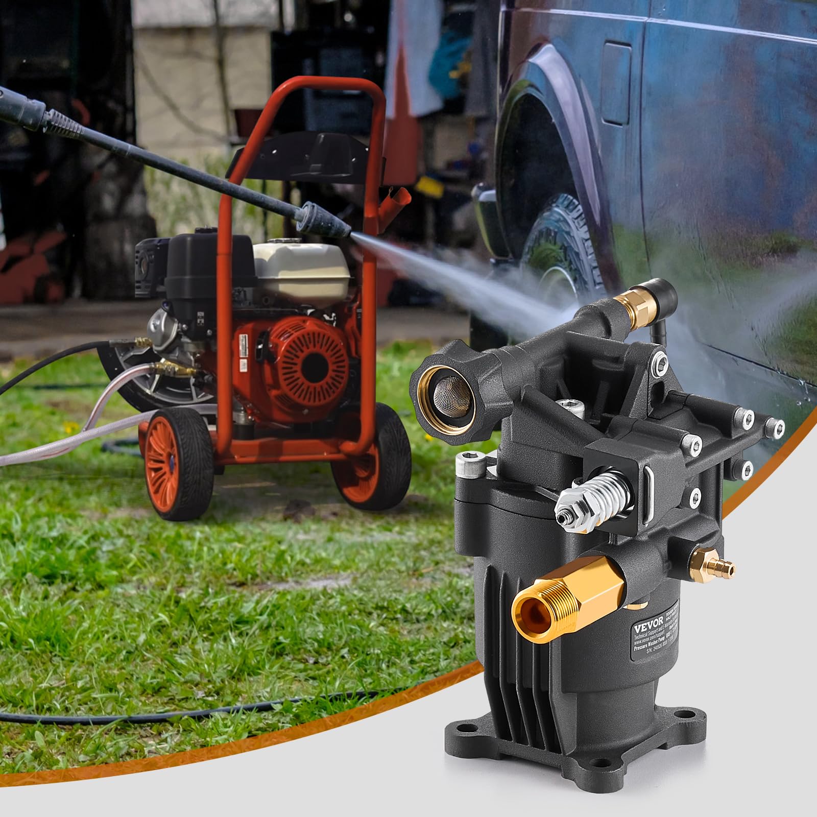 VEVOR Pompe de nettoyeur haute pression, arbre horizontal de 19,05 mm, 3500 PSI, 2,5 GPM, kit de pompe de remplacement avec 5 buses, quincaillerie, tube siphon, pour Simpson, Honda, Troy-Bilt, Generac