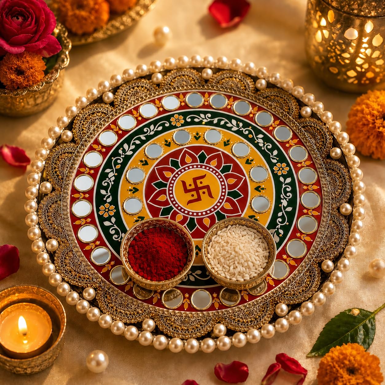 Khillayox Handcrafted Mirror Work Pooja Thali Decorative Aarti Plate Traditional Handmade Religious Thali for Diwali Karwa Chauth Navratri Home Temple Worship Style 3-image-45