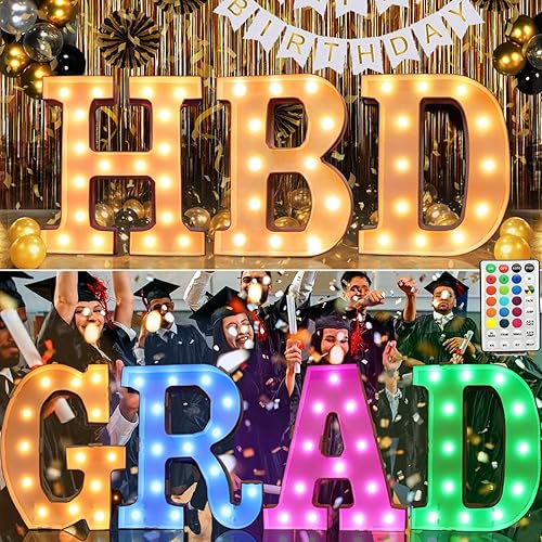 Vista 6 de Pooqla Letras iluminadas de marquesina de 3 pies, letras de mosaico con luz LED que cambian de color con control remoto, letras de bloque grandes